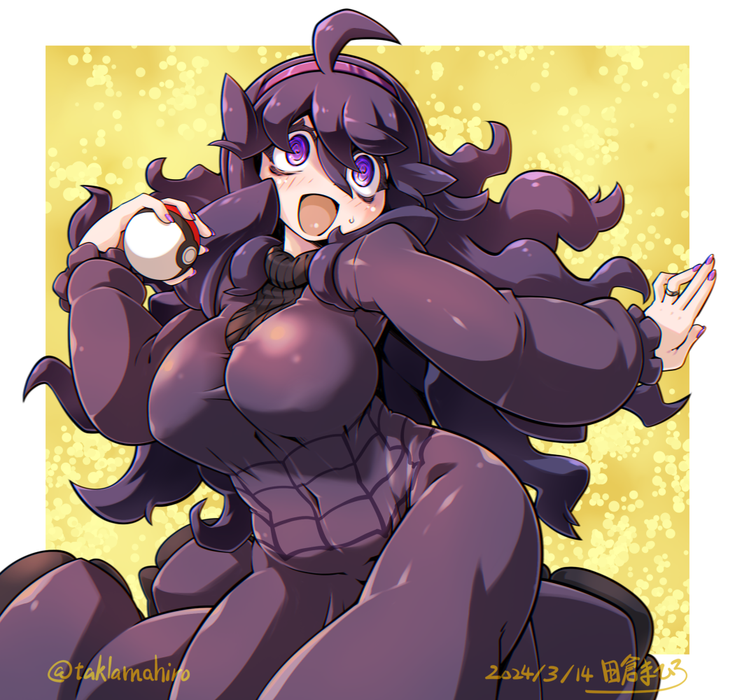 1girl @_@ ahoge alternate_breast_size bags_under_eyes black_hair blush breasts commentary_request covered_navel dated dress hair_between_eyes hairband hex_maniac_(pokemon) holding holding_poke_ball jewelry large_breasts long_dress long_hair messy_hair navel open_mouth plump poke_ball poke_ball_(basic) pokemon pokemon_xy purple_eyes purple_hairband purple_nails ring solo takura_mahiro turtleneck_dress twitter_username very_long_hair