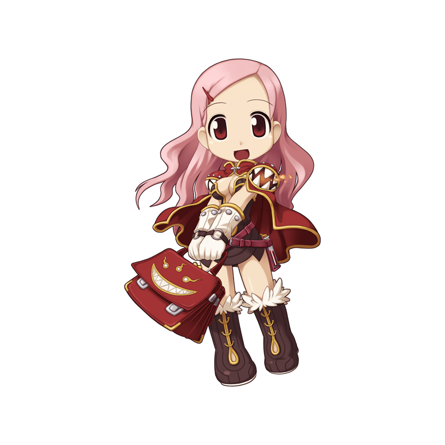 1girl :d bag boots breasts brown_dress brown_footwear cape chibi cleavage creator_(ragnarok_online) dress full_body fur-trimmed_footwear fur_trim gloves hair_ornament hairclip holding holding_bag living_clothes long_hair looking_at_viewer medium_breasts official_art open_mouth pink_hair ragnarok_online red_bag red_cape red_eyes short_dress simple_background smile solo standing standing_on_one_leg strapless strapless_dress swept_bangs tachi-e teeth transparent_background vial wavy_hair white_gloves yuichirou