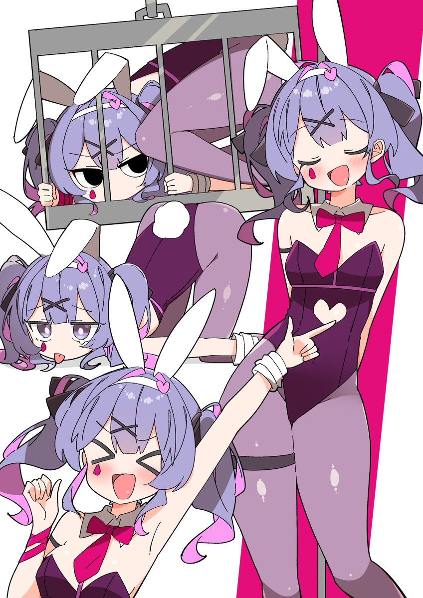 &gt;_&lt; 1girl :p animal_ears arms_behind_back black_eyes black_leotard black_ribbon blue_eyes blue_hair bow bowtie cage closed_eyes clothing_cutout cutout_above_navel fake_animal_ears hair_intakes hair_ornament hairband hand_up hatsune_miku heart heart_cutout heart_hair_ornament in_cage index_finger_raised leotard looking_to_the_side mob_face multicolored_hair multiple_views necktie open_mouth pantyhose pink_hair pink_pupils playboy_bunny rabbit_hole_(vocaloid) red_bow red_bowtie red_necktie ribbon smile solo stomach_cutout teardrop_facial_mark thigh_strap tongue tongue_out top-down_bottom-up twintails two-tone_hair uruti_2388 vocaloid white_background white_hairband x_hair_ornament