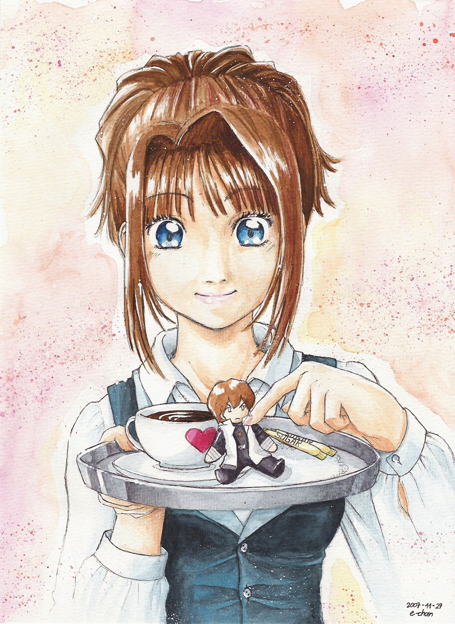 1boy 1girl blue_eyes brown_hair chibi coffee_cup cup disposable_cup highres holding holding_saucer kaiba_seto light_smile mazaki_anzu saucer sugar_(food) traditional_media yu-gi-oh!