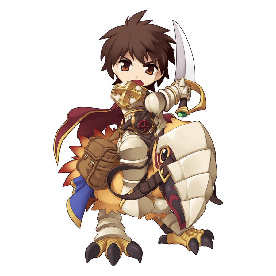 1boy animal armor armored_boots bag barding bird boots breastplate brown_eyes brown_hair cape chainmail chibi cross cross_of_prontera full_body gauntlets leg_armor looking_at_viewer lord_knight_(ragnarok_online) male_focus medium_bangs official_art open_mouth oversized_animal pauldrons peco_peco ragnarok_online red_cape riding riding_bird scabbard scimitar sheath shoulder_armor simple_background solo spiked_gauntlets standing sword tabard tachi-e transparent_background v weapon yuichirou