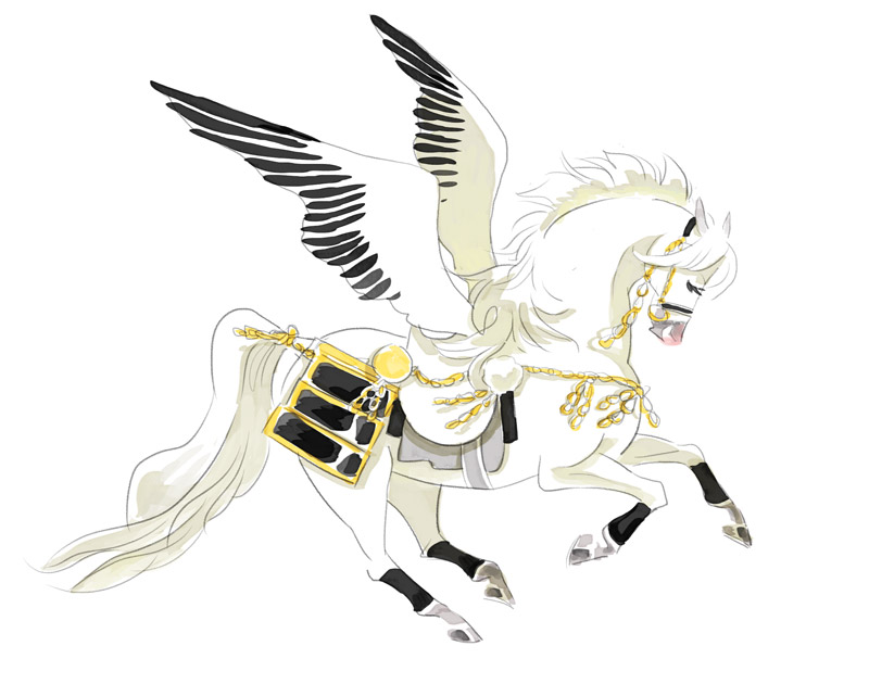 animal animal_focus animalization armor feathered_wings from_side full_body hwei japanese_armor kusazuri no_humans pegasus pom_pom_(clothes) reins running saddle simple_background solo touken_ranbu tsurumaru_kuninaga two-tone_wings white_background wings