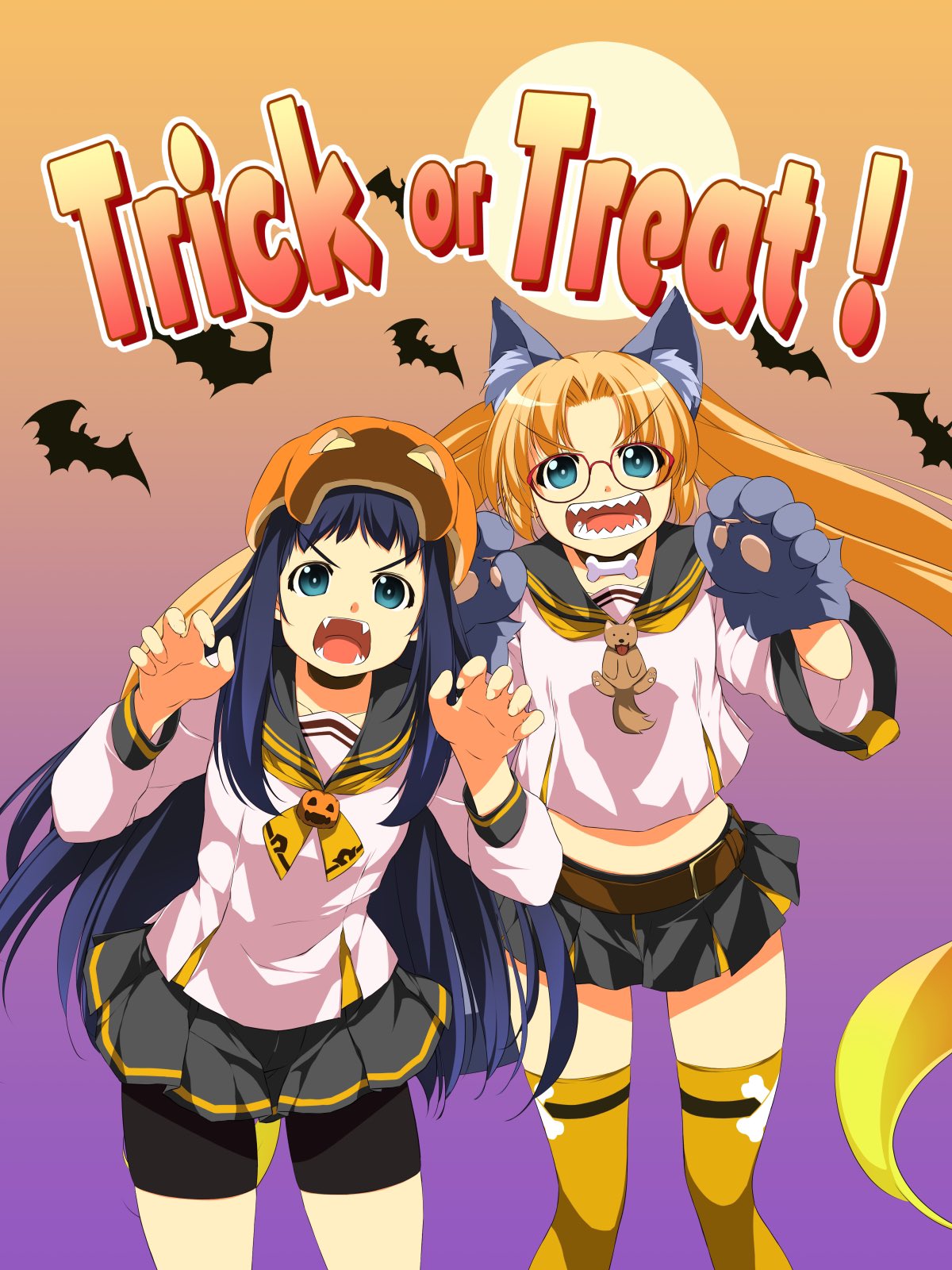 2girls animal_ear_fluff animal_ears animal_hands atelier-moo bat_(animal) belt black_hair blonde_hair breasts cat_ears cat_paws fang full_body glasses green_eyes halloween happy_halloween highres long_hair long_sleeves looking_at_viewer machida_madoka machida_tomoka machidake miniskirt moon multiple_girls narrow_waist open_mouth pumpkin red-framed_eyewear school_uniform skirt small_breasts thighhighs thighs trick_or_treat twintails zettai_ryouiki