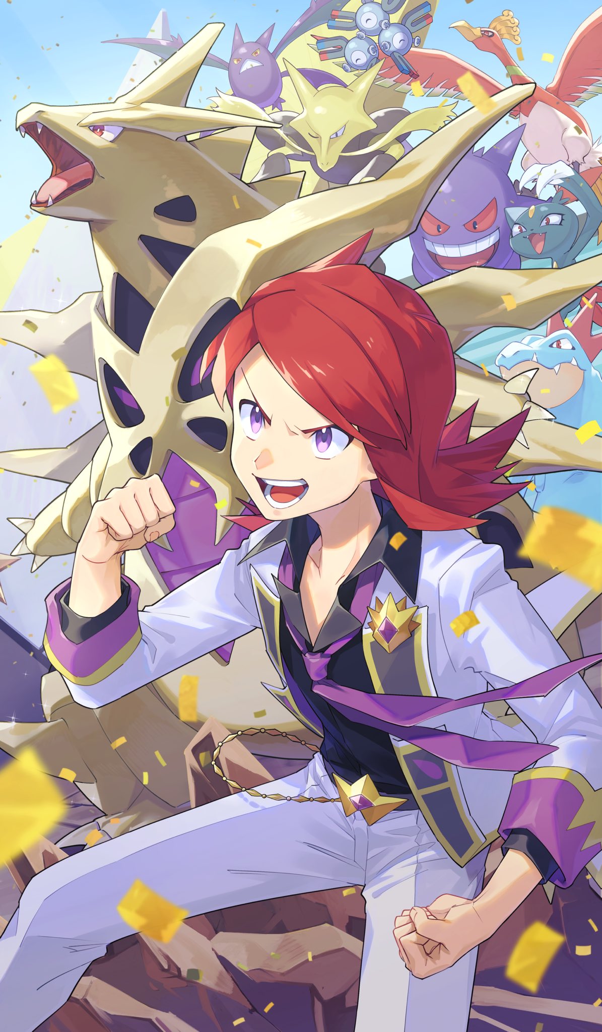 1boy alakazam bat_(animal) bird black_shirt blurry blurry_foreground clenched_hands collared_shirt colored_skin confetti crobat feraligatr gengar green_skin highres ho-oh jacket magneton medium_hair mega_tyranitar necktie open_mouth pants phoenix pokemon pokemon_gsc pokemon_masters_ex purple_eyes purple_necktie purple_skin red_hair reptile shirt silver_(pokemon) smrs_ss sneasel suit tyranitar white_jacket white_pants white_suit