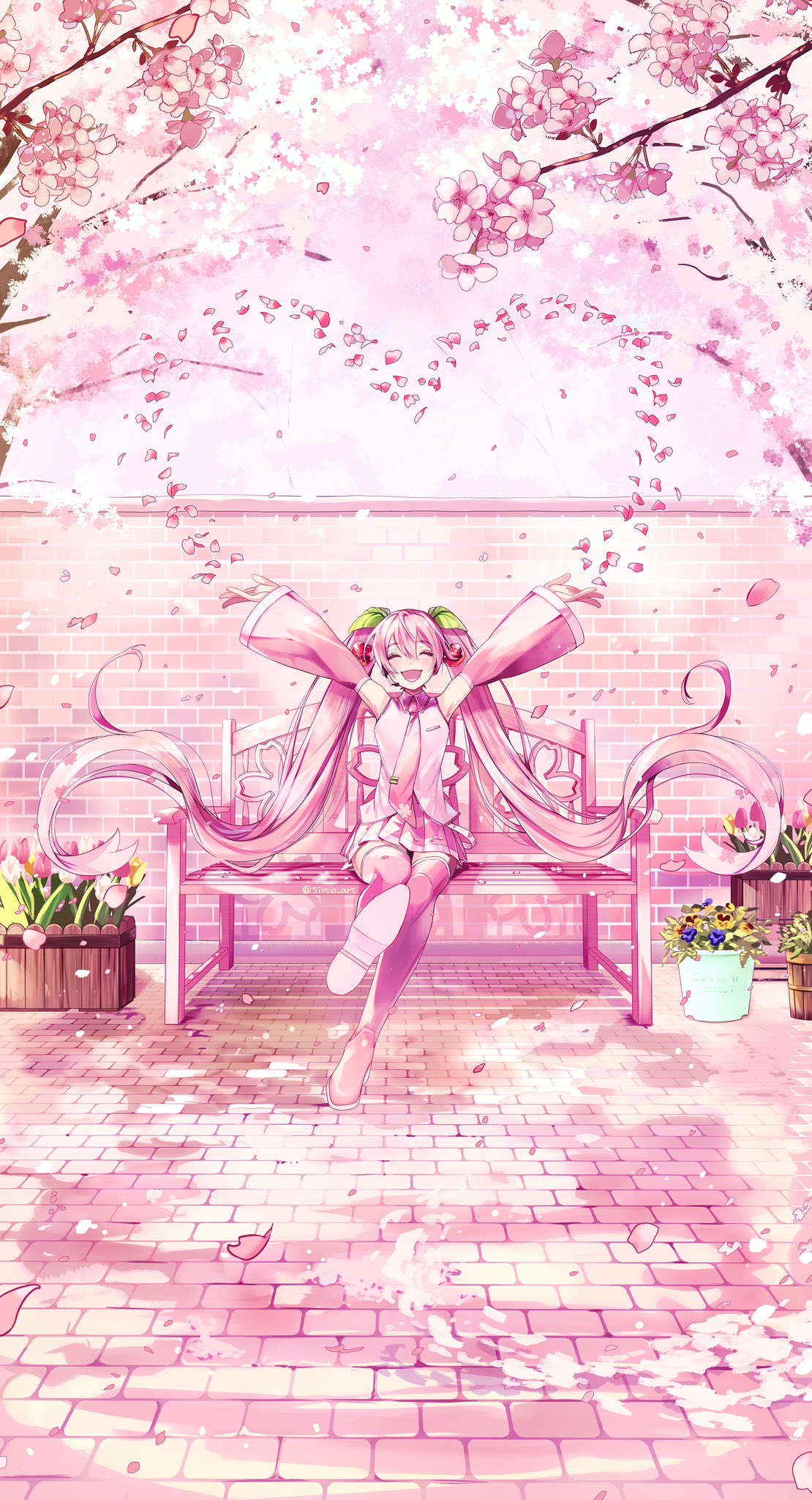 1girl :d arms_up bench brick_floor brick_wall cherry_blossoms cherry_hair_ornament closed_eyes collared_shirt day detached_sleeves facing_viewer falling_petals food-themed_hair_ornament foot_up foreshortening full_body hair_ornament hatsune_miku headset highres long_hair long_sleeves microphone miniskirt necktie open_mouth outdoors outstretched_arms petals pink_hair pink_necktie pink_shirt pink_skirt pink_sleeves pink_theme pink_thighhighs plant planter pleated_skirt potted_plant sakura_miku shioaji_(siosio_art) shirt shoe_soles sidelocks sitting skirt sleeveless sleeveless_shirt smile solo thighhighs twintails very_long_hair vocaloid wide_shot zettai_ryouiki