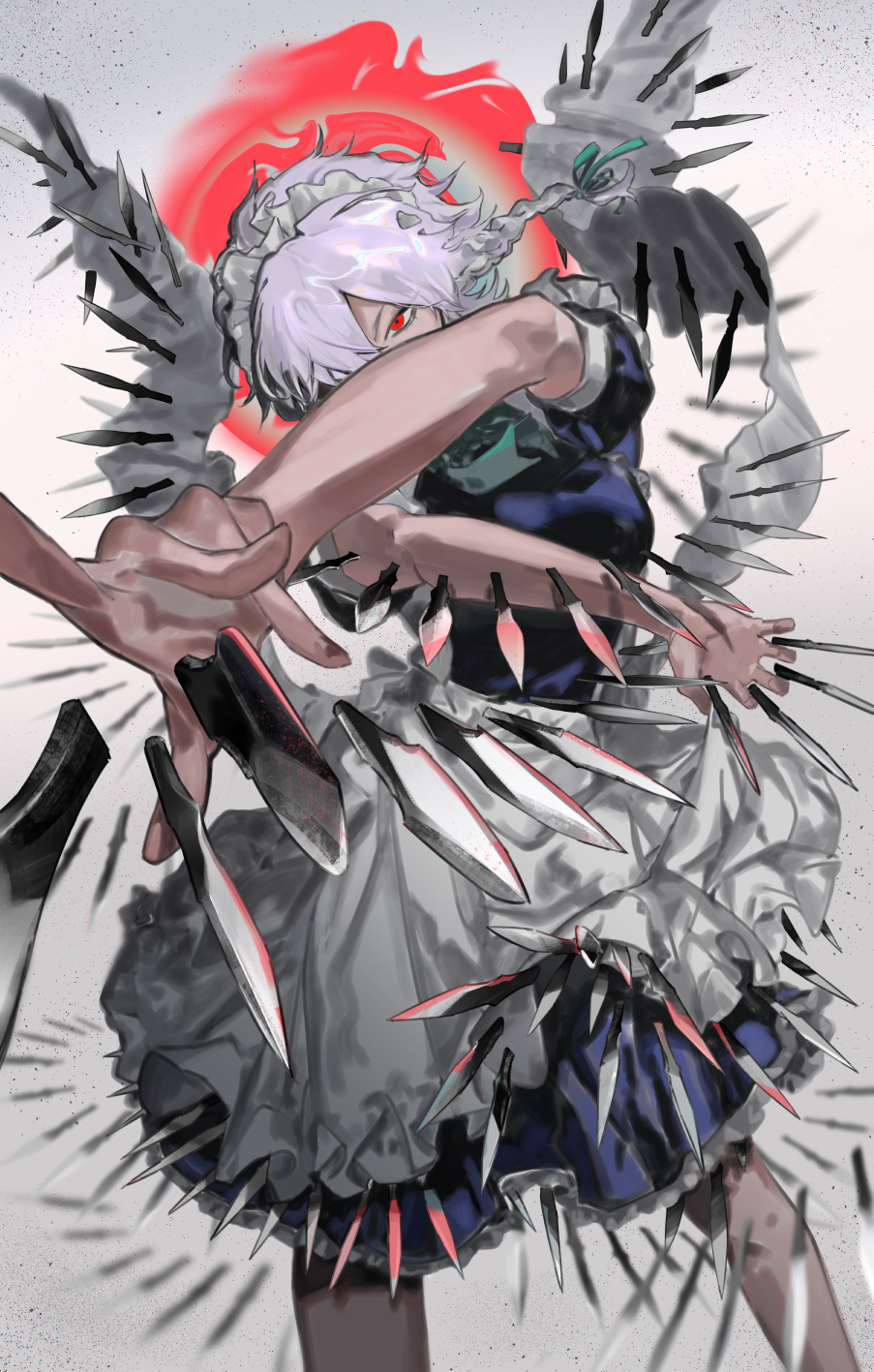 1girl apron blue_dress braid dress floating_hair frilled_apron frilled_dress frilled_headwear frills grey_hair hair_between_eyes hair_ribbon hat highres izayoi_sakuya knife maid maid_apron maid_headdress medium_hair red_eyes ribbon short_hair skirt solo throwing throwing_knife touhou twin_braids ue_toono_(atano) waist_apron weapon