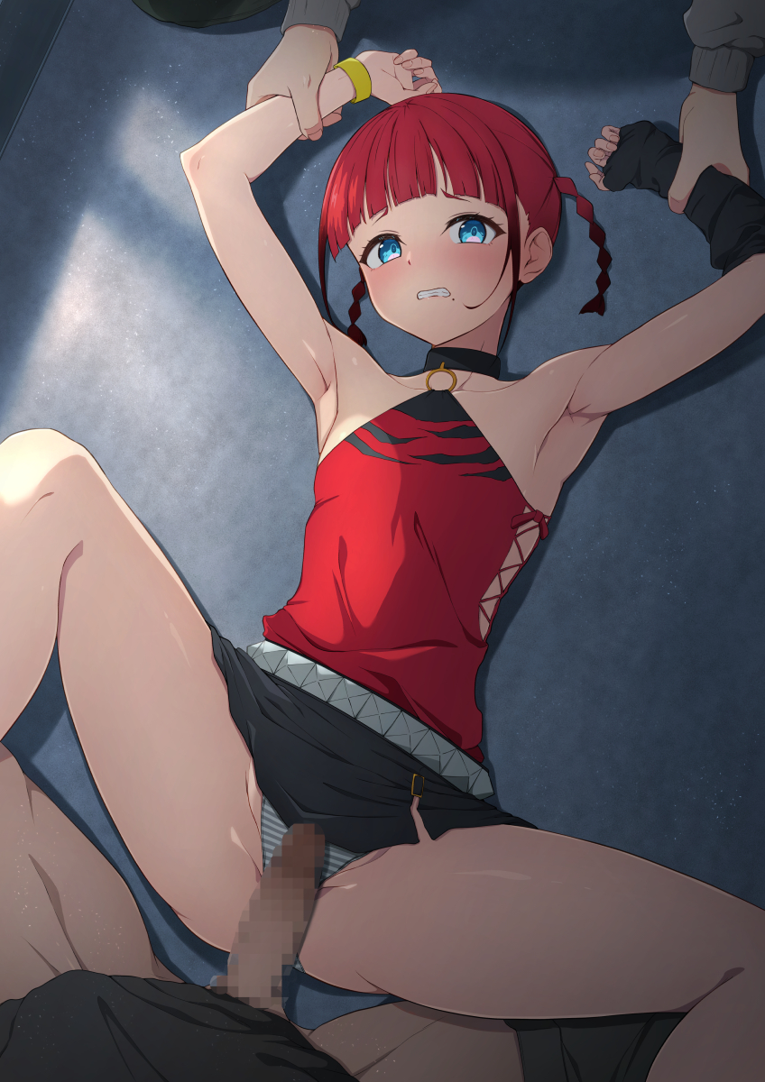 1girl 2boys arched_bangs armpits arms_up assisted_rape asukagawa_chise belt black_skirt blue_eyes blush bracelet braid censored clenched_teeth commission fanged_bangs fingerless_gloves flat_chest gloves gridman_universe groin_tendon halter_shirt halterneck hetero highres imminent_rape jewelry looking_at_viewer lying mole mole_under_mouth mosaic_censoring multiple_boys ocza on_back on_ground panties penis pov pov_crotch red_hair restrained single_fingerless_glove single_glove skeb_commission skirt spread_legs ssss.dynazenon striped_clothes striped_panties teeth thighs twin_braids underwear