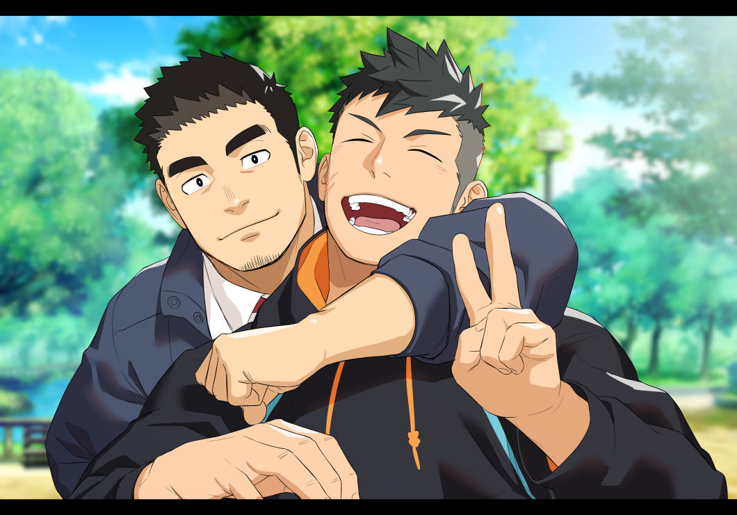 2boys arm_around_neck bara black_hair black_hoodie black_jacket closed_eyes closed_mouth day facial_hair goatee_stubble happy home_towm_(mentaiko) hood hoodie itto_(mentaiko) jacket long_sideburns looking_at_viewer male_focus multiple_boys original outdoors promotional_art shirt short_hair sideburns sideburns_stubble sky smile stubble sunlight thick_eyebrows upper_body v white_shirt