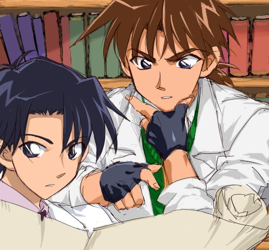 2boys aoyama_goushou_(style) black_gloves blue_eyes blue_hair book bookshelf bowman_jean brown_hair fingerless_gloves gloves green_sweater lab_coat male_focus multiple_boys retro_artstyle scroll short_hair star_ocean star_ocean_ex star_ocean_the_second_story sweater taramo0623