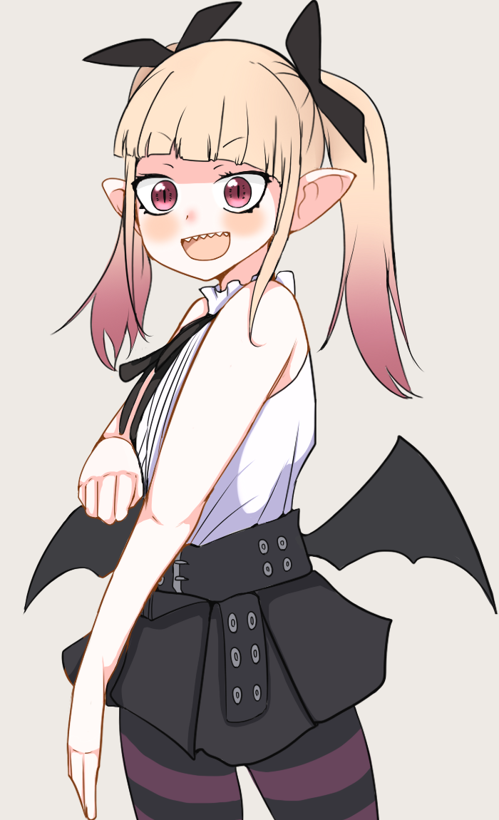 1girl black_skirt blonde_hair blush_stickers eyebrows_hidden_by_hair feet_out_of_frame flat_chest hime-sama_"goumon"_no_jikan_desu himemiya_aisu long_bangs looking_ahead low_wings multicolored_hair pink_eyes pointy_ears sharp_teeth shirt short_twintails simple_background skirt sleeveless sleeveless_shirt slit_pupils smile solo streaked_hair striped_clothes striped_thighhighs teeth thighhighs twintails vampire vanilla_peschutz white_shirt wings