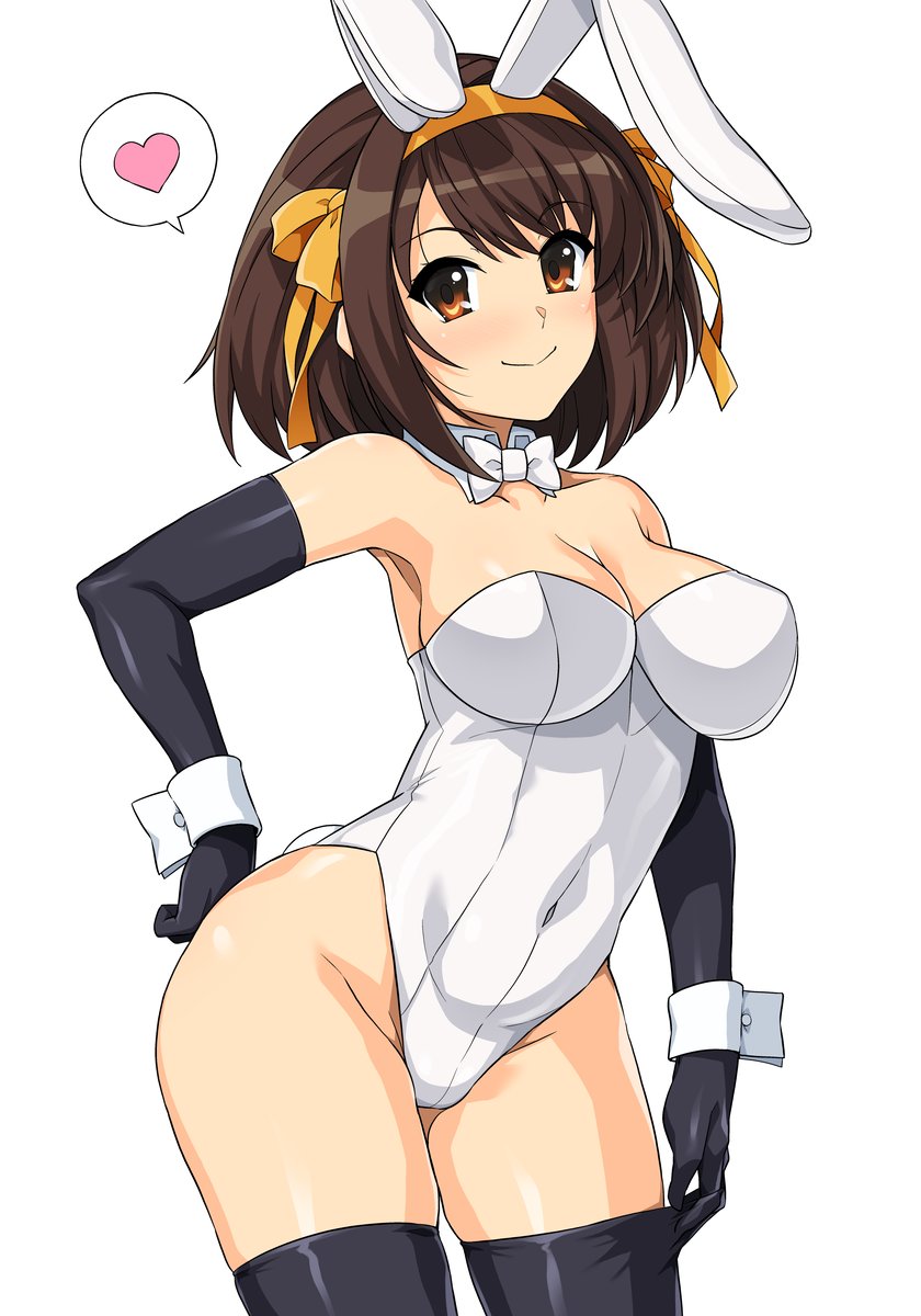 1girl animal_ears blush breasts brown_eyes brown_hair cleavage closed_mouth commentary covered_navel detached_collar elbow_gloves fake_animal_ears gloves hair_ornament hand_on_own_hip haruhisky highleg highleg_leotard highres leotard looking_at_viewer medium_breasts playboy_bunny rabbit_ears rabbit_tail short_hair simple_background smile solo speech_bubble suzumiya_haruhi suzumiya_haruhi_no_yuuutsu tail thighhighs thighs white_background white_leotard wrist_cuffs