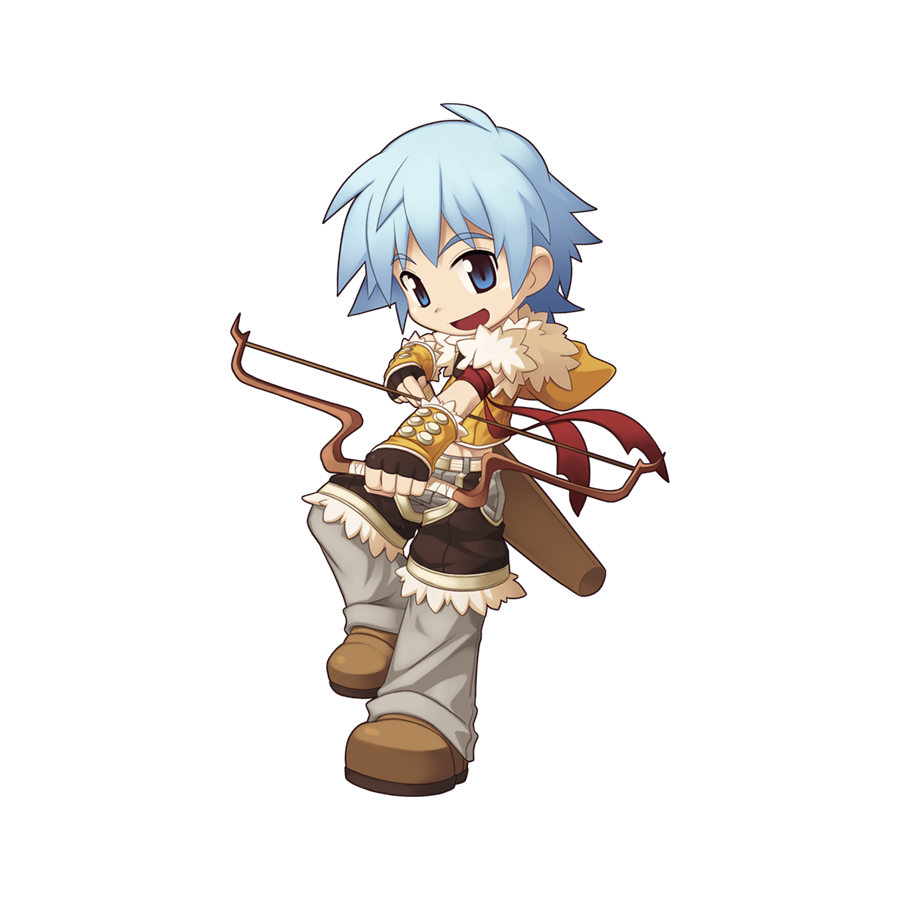 1boy :d ahoge armband arrow_(projectile) blue_eyes blue_hair bow_(weapon) brown_footwear brown_gloves brown_shirt brown_shorts chibi crop_top drawing_bow fingerless_gloves full_body fur-trimmed_gloves fur-trimmed_shirt fur-trimmed_shorts fur_trim gloves grey_pants holding holding_bow_(weapon) holding_weapon looking_at_viewer male_focus midriff official_art open_mouth pants pants_under_shorts quiver ragnarok_online shirt shoes short_hair shorts simple_background sleeveless sleeveless_shirt smile sniper_(ragnarok_online) solo tachi-e transparent_background two-tone_gloves two-tone_shirt weapon yellow_gloves yellow_shirt yuichirou