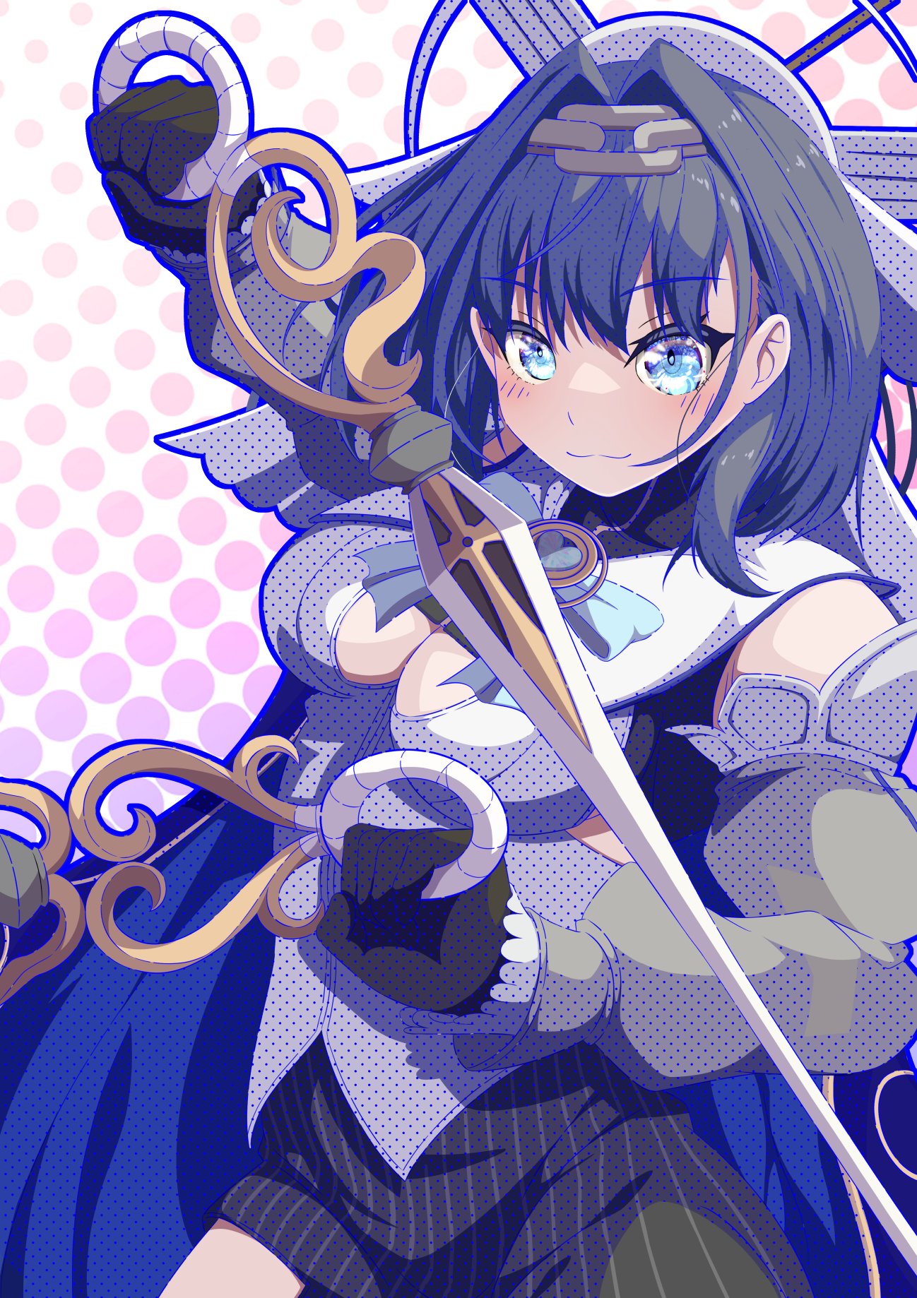 1girl black_gloves black_hair blue_eyes bow bow_earrings breasts chain_headband clock clothing_cutout colored_inner_hair contrapposto danball_shiro detached_sleeves dual_wielding earrings gloves hair_intakes happy_birthday highres holding holding_sword holding_weapon hololive hololive_english jewelry large_breasts looking_at_viewer multicolored_hair ouro_kronii ouro_kronii_(1st_costume) polka_dot polka_dot_background ribbon_earrings smile solo sword underboob_cutout upper_body virtual_youtuber weapon wide_sleeves