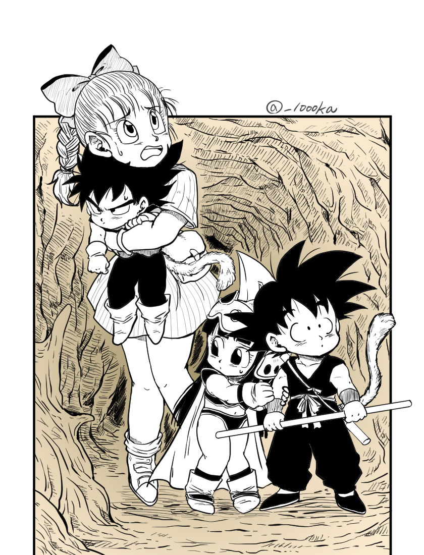 2boys 2girls armor black_hair bow bulma cape chi-chi_(dragon_ball) child commentary commentary_request dougi dragon_ball dragon_ball_(classic) female_child hair_bow hands_on_another's_arms lifting_person male_child monkey_tail monochrome multiple_boys multiple_girls navel saiyan_armor senka-san simple_background skirt son_goku spiked_hair tail time_paradox vegeta worried