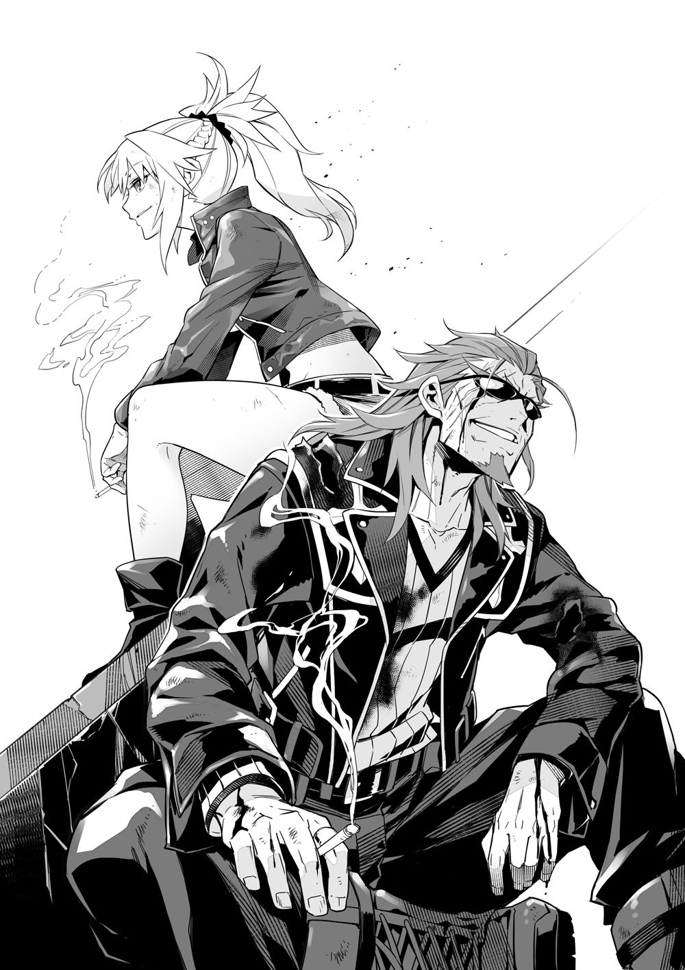1boy 1girl arm_on_knee belt blood blood_on_clothes blood_on_face blood_on_hands boots braid cigarette collarbone collared_jacket crown_braid facial_hair fate/apocrypha fate_(series) fuse_ryuuta goatee greyscale hair_slicked_back highres holding holding_cigarette injury jacket long_sleeves loose_hair_strand monochrome mordred_(fate) mordred_(fate/apocrypha) open_clothes open_jacket ponytail rubble scar scar_on_face shishigou_kairi short_shorts shorts sidelocks sitting smile sunglasses white_background