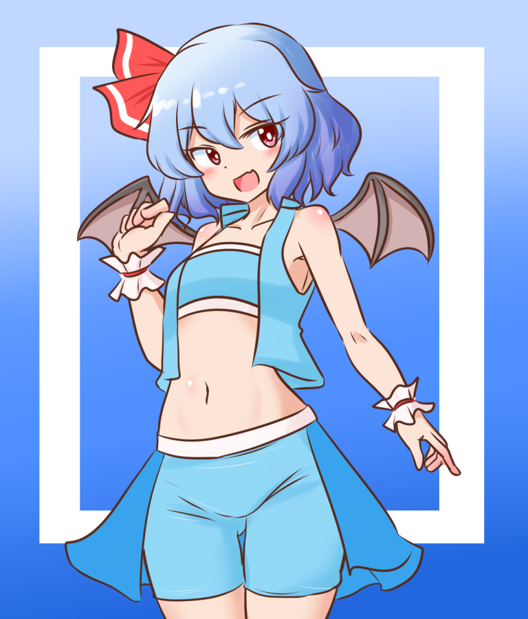 1girl alternate_costume bat_wings blue_background blue_hair blue_shorts blue_vest bright_pupils commentary_request commission fang gradient_background hair_ribbon looking_at_viewer mizusoba navel open_mouth race_queen red_eyes red_ribbon remilia_scarlet ribbon short_hair shorts skeb_commission skin_fang solo touhou vest white_pupils wings