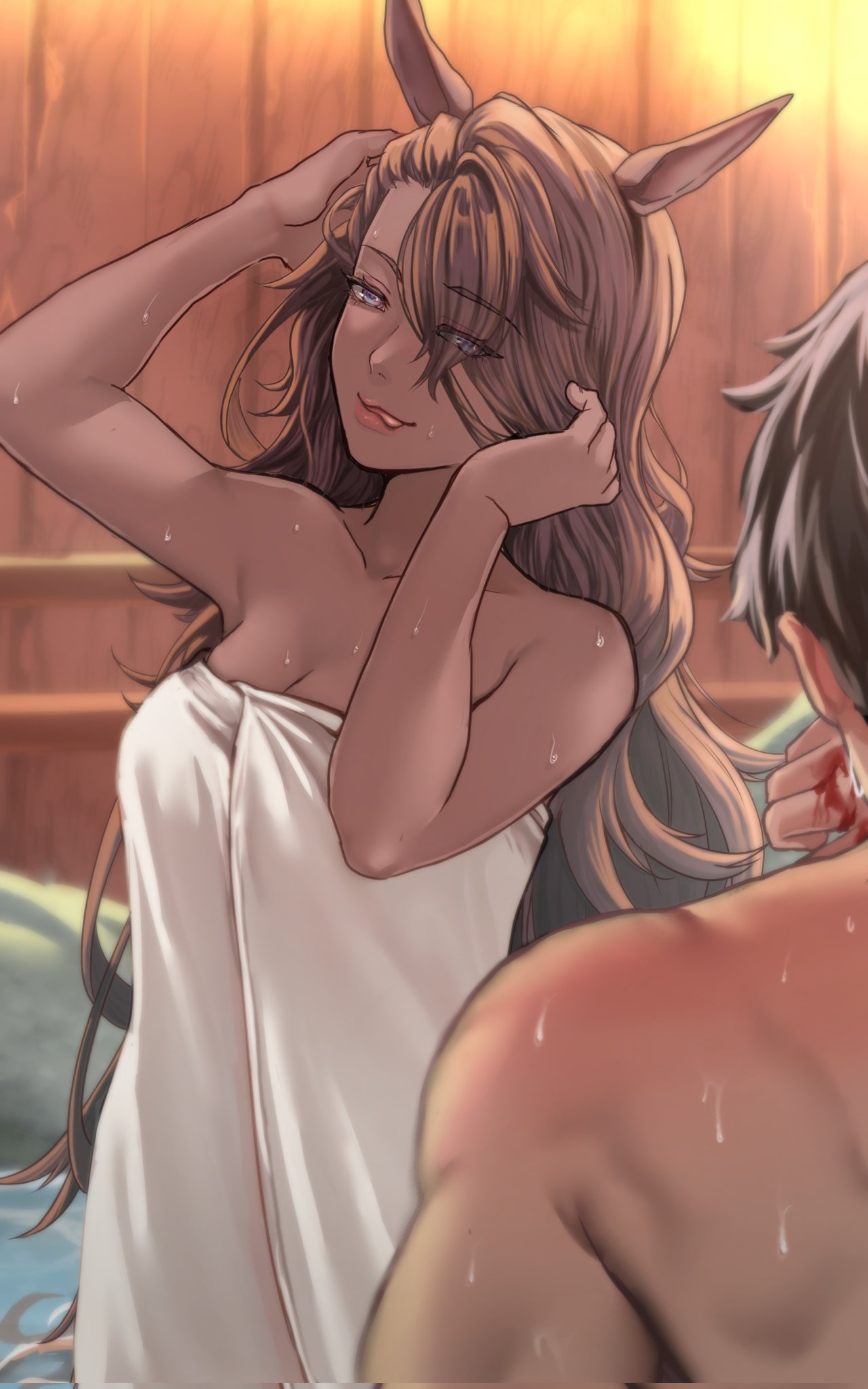 1boy 1girl :p akutaji animal_ears arm_up blood blurry blurry_foreground breasts brown_hair cleavage dark-skinned_female dark_skin eyes_visible_through_hair hair_over_one_eye half-closed_eyes hand_up highres horse_ears lips looking_at_another naked_towel naughty_face onsen rigantona_(umamusume) solo_focus striped_clothes tongue tongue_out towel umamusume vertical-striped_clothes water wet white_towel