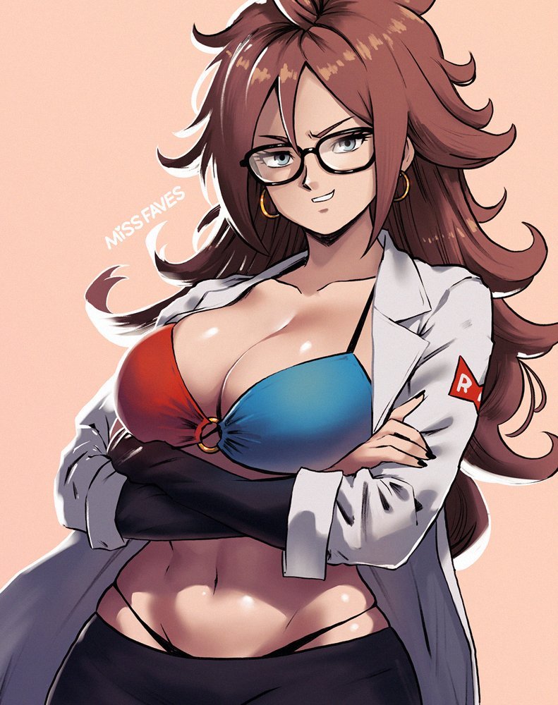 1girl android_21 artist_name bikini black_pants blue_bikini breasts brown_hair cleavage collarbone crossed_arms curly_hair dragon_ball dragon_ball_fighterz earrings grey_eyes hoop_earrings jewelry lab_coat large_breasts looking_at_viewer miss_faves multicolored_bikini multicolored_clothes o-ring pants parted_lips red_bikini simple_background smirk solo swimsuit