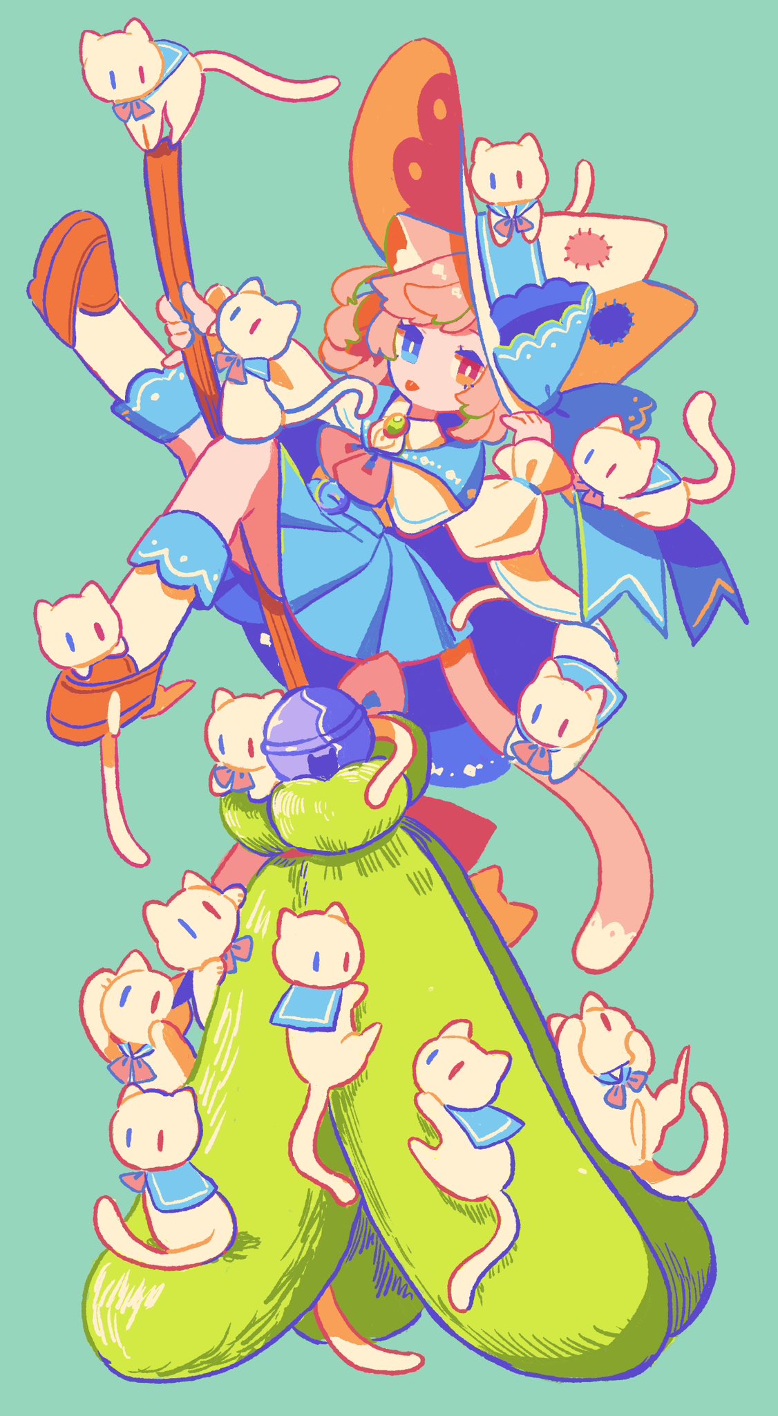 1girl adjusting_clothes adjusting_headwear animal animal_ear_fluff animal_ears animal_hat animal_on_foot animal_on_head animal_on_leg bell belt between_thighs blue_belt blue_cape blue_eyes blue_sailor_collar bow bright_pupils broom cape cat cat_ears cat_girl cat_hat cat_tail clothed_animal commentary_request green_background hat hat_bow heterochromia highres holding holding_broom jingle_bell loafers long_sleeves medium_hair on_head orange_eyes orange_footwear orange_headwear original oversized_object pink_bow pink_hair pink_tail piyoko9494 pleated_skirt puffy_long_sleeves puffy_sleeves sailor_collar shirt shoes skirt socks solo tail tongue tongue_out two-sided_cape two-sided_fabric two-sided_headwear white_cape white_cat white_headwear white_pupils white_shirt white_socks witch_hat