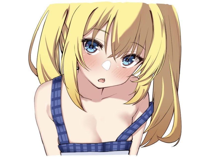 1girl alternate_costume alternate_hairstyle bare_shoulders blonde_hair blue_eyes blue_overalls blush breasts chestnut_mouth chitose_sana cleavage close-up collarbone commentary_request crossed_bangs eyelashes hair_between_eyes head_tilt long_hair looking_at_viewer no_bra open_mouth overalls plaid_overalls simple_background small_breasts solo strap_slip tenshinranman tft_(tft7822) tsurime twintails white_background
