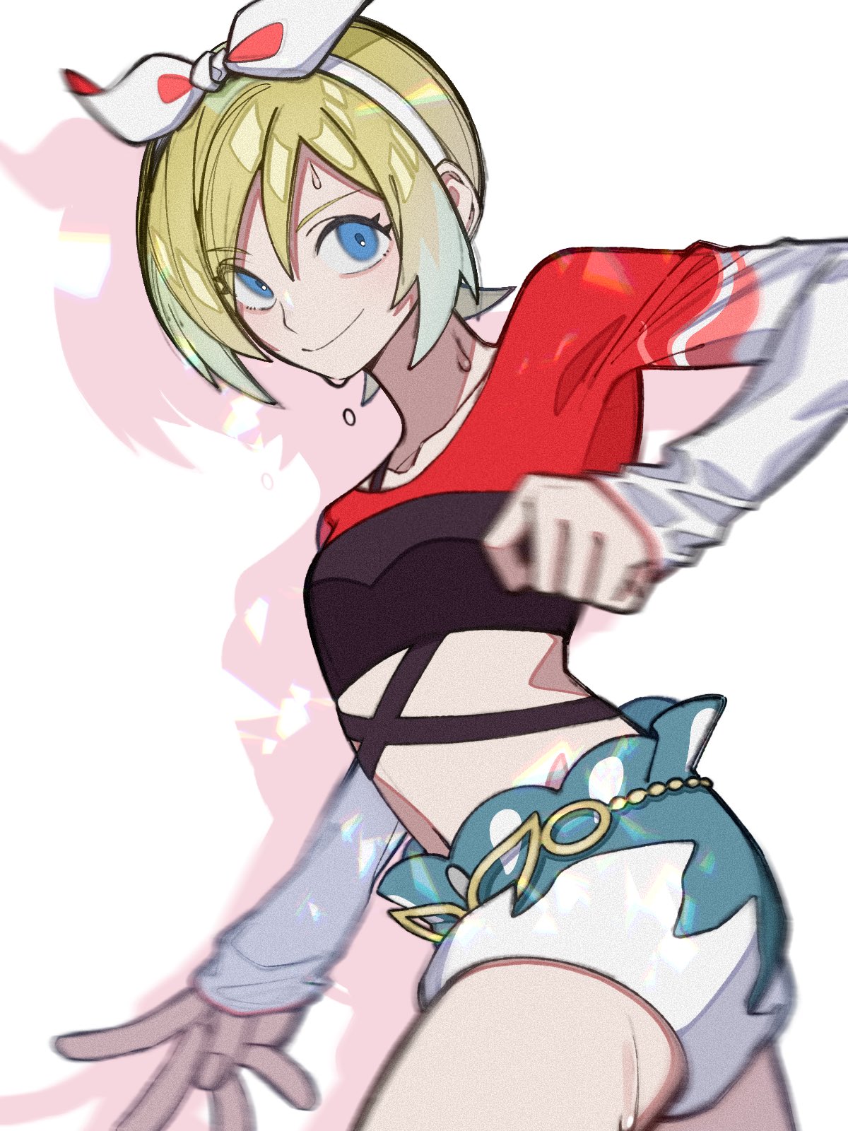 1girl blonde_hair blue_eyes bow_hairband closed_mouth commentary_request cropped_shirt dripping eyelashes hair_between_eyes hairband highres irida_(pokemon) irida_(special_costume)_(pokemon) kana_(kanna_runa0620) looking_at_viewer motion_blur official_alternate_costume pokemon pokemon_masters_ex shirt short_hair short_shorts shorts sleeves_past_wrists smile solo sweat white_hairband