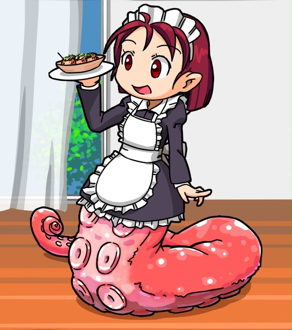 akai animal_humanoid bottomless cephalopod cephalopod_humanoid clothed clothing female food hair humanoid hybrid inside legless maid_headdress maid_uniform marine marine_humanoid mollusk mollusk_humanoid octopus_humanoid octopus_taur red_eyes red_hair solo takoyaki taur tentacles uniform what