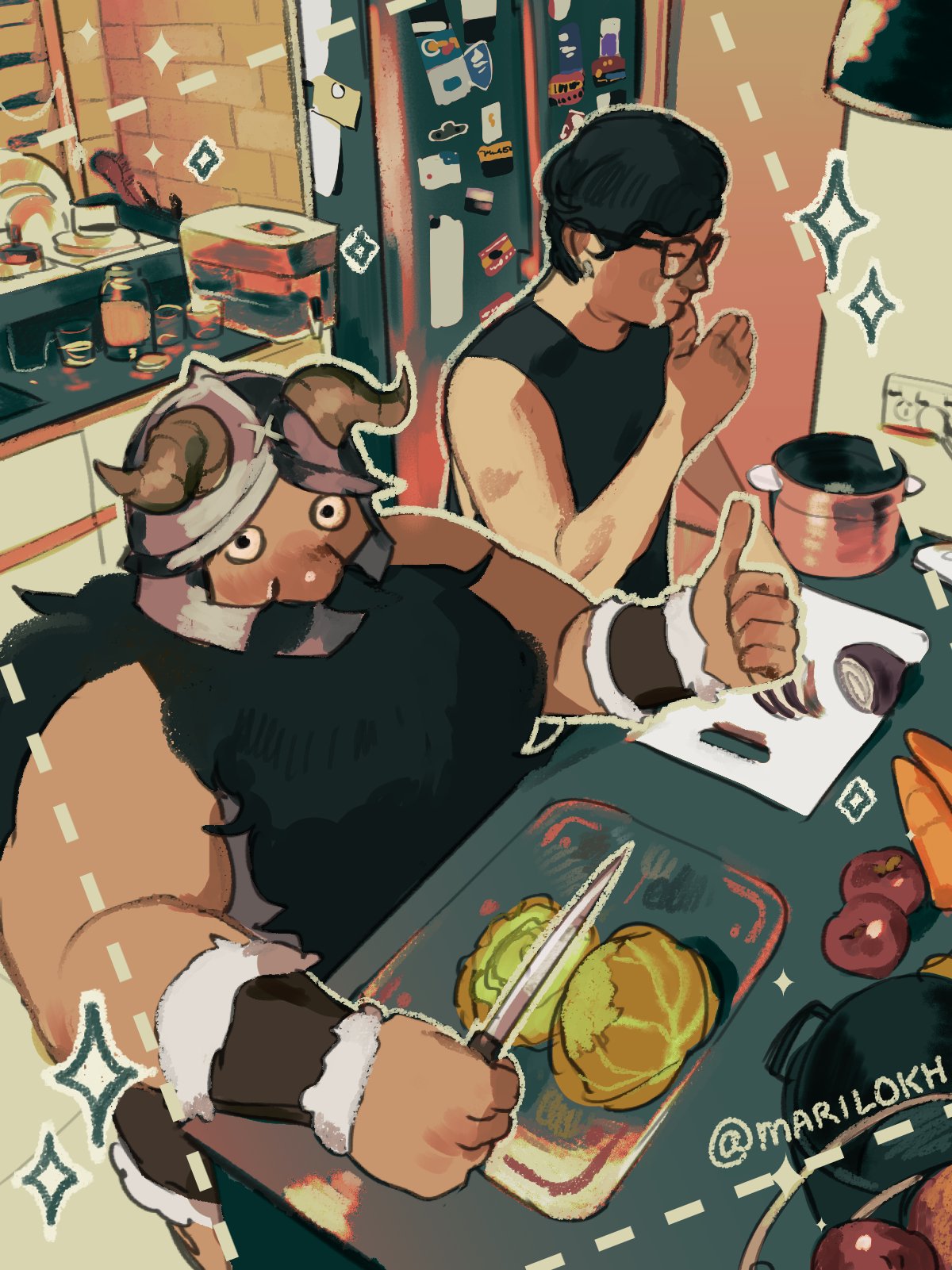 2boys beard black_hair cabbage character_request crying cutting_board dungeon_meshi dwarf facial_hair fake_horns glasses happy_tears helmet highres holding holding_knife horned_helmet horns inset_border knife lokh long_beard male_focus multiple_boys plump senshi_(dungeon_meshi) sparkle sparkle_background streaming_tears tears thick_arms thick_mustache thumbs_up very_long_beard