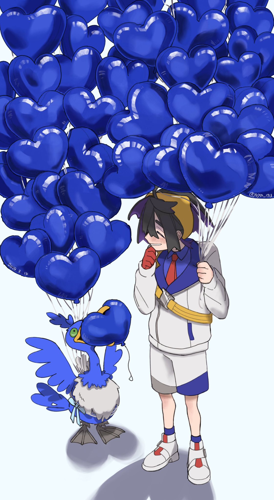 1boy balloon bird black_hair blue_shirt closed_eyes collared_shirt cramorant full_body gloves hair_between_eyes heart_balloon highres holding holding_balloon jacket kieran_(pokemon) long_sleeves male_focus multicolored_hair pokemon pokemon_(creature) pokemon_sv purple_hair red_gloves shirt shoes shorts simple_background single_glove standing white_footwear white_jacket yoya_1713