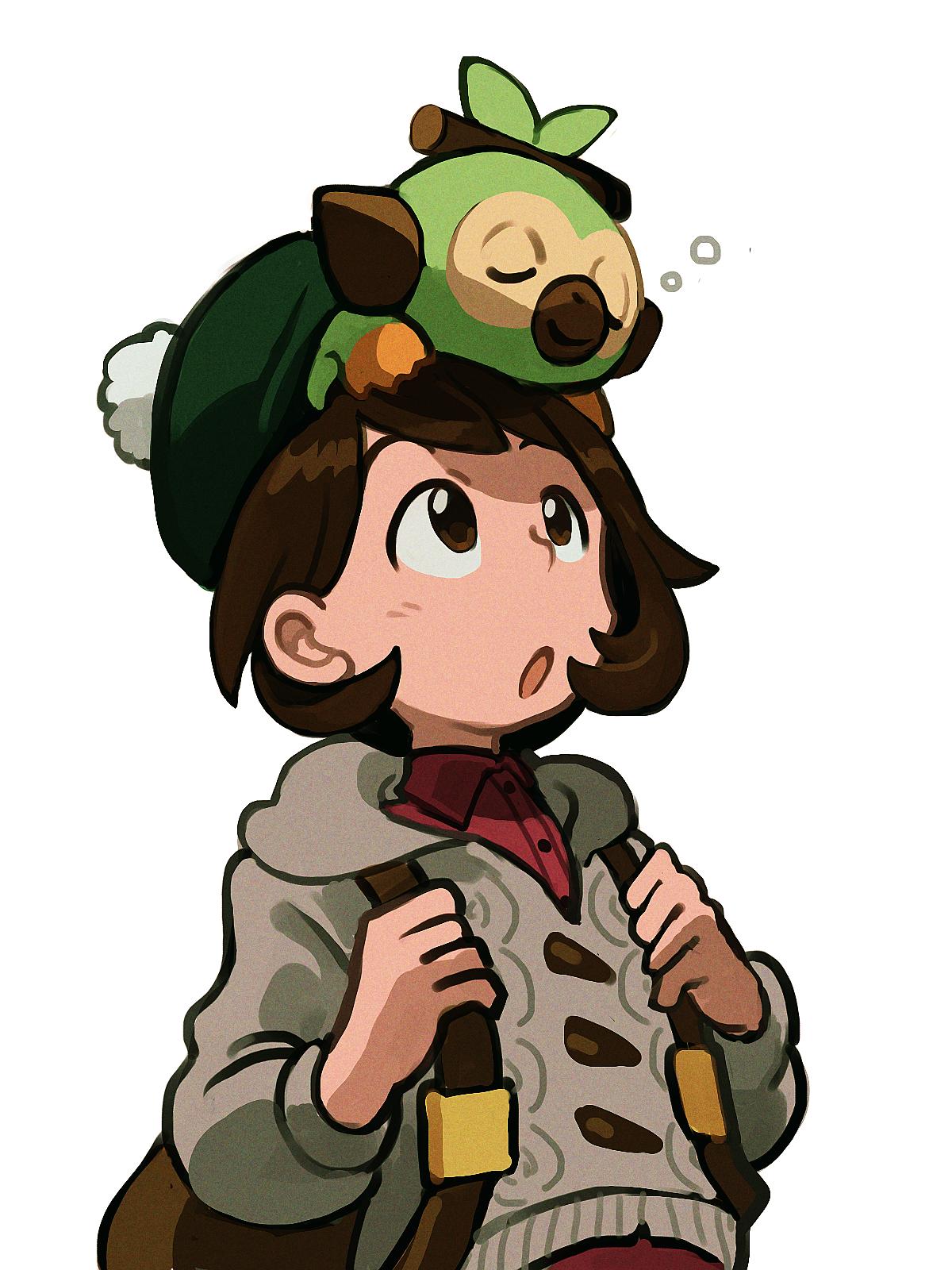 1girl :o backpack bag bob_cut brown_bag brown_eyes brown_hair bubble buttons cable_knit cardigan collared_dress commentary dress elizabeth_(tomas21) gloria_(pokemon) green_headwear grey_cardigan grookey hat highres holding_strap hooded_cardigan looking_up on_head pokemon pokemon_(creature) pokemon_(game) pokemon_on_head pokemon_swsh short_hair simple_background sleeping tam_o'_shanter white_background