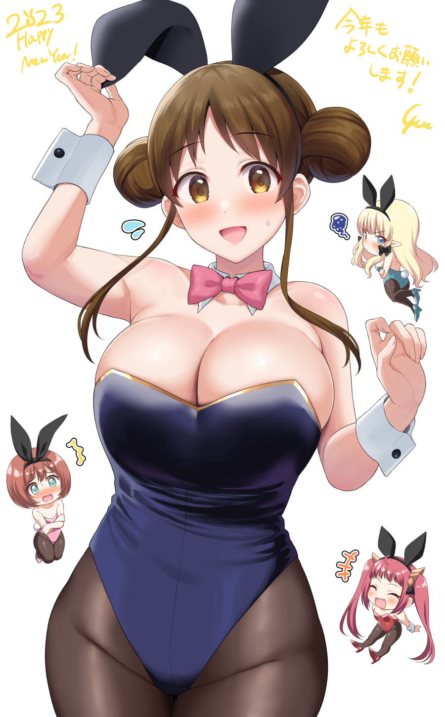 2023 4girls animal_ears arm_up ayane_(princess_connect!) bangs bare_shoulders blonde_hair blue_leotard blush bow bowtie breasts brown_eyes brown_hair chibi cleavage cowboy_shot detached_collar dot_nose double_bun english_text fake_animal_ears fang flying_sweatdrops hair_bun hair_ribbon hand_up happy_new_year high_heels highres leotard long_hair multiple_girls open_mouth pantyhose parted_bangs pink_bow pink_bowtie pink_leotard playboy_bunny pointy_ears princess_connect! rabbit_ears rabbit_tail red_hair red_leotard ribbon saren_(princess_connect!) sidelocks signature simple_background smile squiggle strapless strapless_leotard suzume_(princess_connect!) tail twintails v-shaped_eyebrows white_background wrist_cuffs yue_(show-ei)