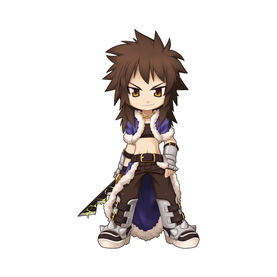 1boy armored_boots black_gloves black_shirt blue_cape blue_jacket boots brown_eyes brown_hair brown_pants cape chibi crop_top dagger fingerless_gloves full_body fur-trimmed_cape fur-trimmed_jacket fur_trim gloves grin hand_on_own_hip holding holding_dagger holding_knife holding_weapon jacket knife long_hair looking_at_viewer male_focus navel official_art open_clothes open_jacket pants poison ragnarok_online shirt short_bangs short_sleeves simple_background smile solo stalker_(ragnarok_online) standing tachi-e transparent_background vambraces waist_cape weapon yuichirou