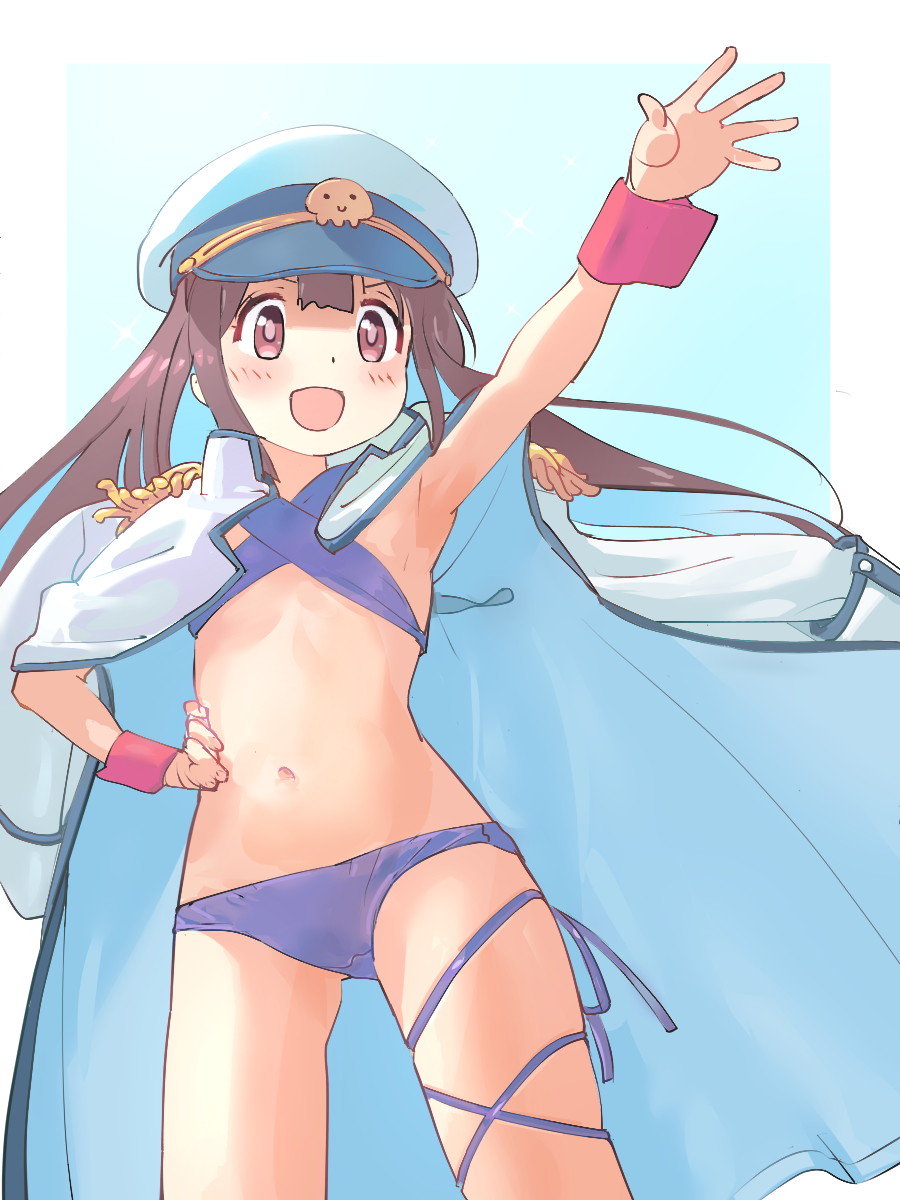 1girl :d armpits bikini blue_border blue_hair blunt_bangs border brown_eyes brown_hair coat coat_on_shoulders colored_inner_hair commentary cowboy_shot criss-cross_halter epaulettes flat_chest halterneck hand_on_own_hip hat highres hozuki_momiji kyarahiba leg_ribbon long_hair multicolored_hair navel official_alternate_costume official_alternate_hair_length official_alternate_hairstyle onii-chan_wa_oshimai! open_mouth outside_border outstretched_arm peaked_cap purple_bikini ribbon simple_background smile solo stomach swimsuit thigh_ribbon white_border white_coat wrist_cuffs