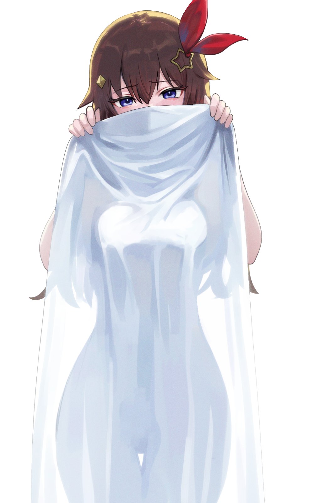 1girl bed_sheet blue_eyes blush bow breasts brown_hair cloud commentary commentary_request covering_own_mouth cowboy_shot dalcom hair_between_eyes hair_bow hair_ornament head_tilt highres holding holding_sheet hololive horizon large_breasts legs_together long_hair looking_at_viewer naked_sheet nose_blush red_bow sidelocks silhouette simple_background simple_bird solo star_(symbol) star_hair_ornament straight-on symbol-only_commentary thigh_gap thighs tokino_sora virtual_youtuber white_background wide_hips