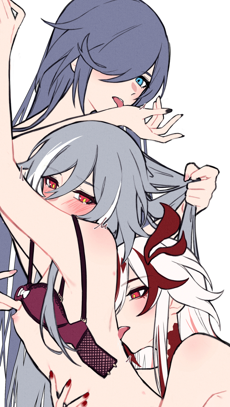 3girls arms_up black_nails blue_eyes blue_hair blush bra breasts commentary_request dual_persona eyeliner fu_hua fu_hua_(fenghuang_of_vicissitude) fu_hua_(herrscher_of_sentience) grabbing_another's_hair grey_hair hair_between_eyes hair_over_one_eye hand_on_another's_chest hand_on_another's_stomach highres honkai_(series) honkai_impact_3rd licking_another licking_another's_hand licking_back light_blush long_hair makeup multicolored_hair multiple_girls nipples nude official_alternate_hairstyle one_eye_covered open_bra red_eyeliner red_eyes red_hair red_nails red_scales simple_background small_breasts streaked_hair symbol-shaped_pupils tearing_up two-tone_hair underwear upper_body white_background white_hair yellow_pupils yunomi_(yunomi_hs) yuri