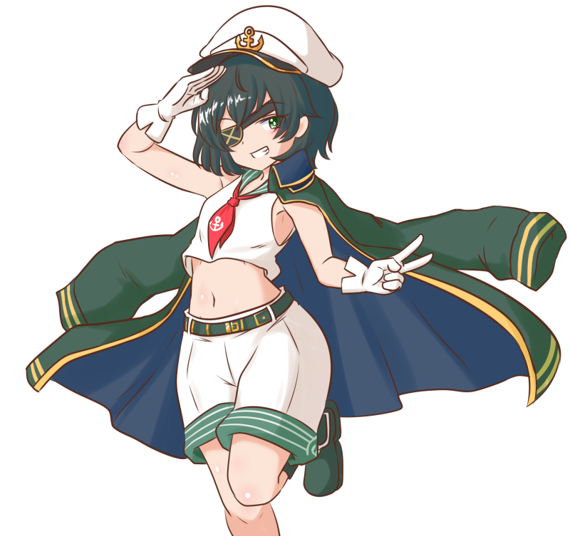 1girl anchor_symbol arm_up belt black_coat black_hair coat commentary_request eyepatch gloves green_eyes green_sailor_collar hat looking_at_viewer mizusoba murasa_minamitsu navel neckerchief red_neckerchief sailor_collar sailor_hat short_hair shorts simple_background solo tank_top touhou v white_background white_gloves white_headwear white_shorts white_tank_top