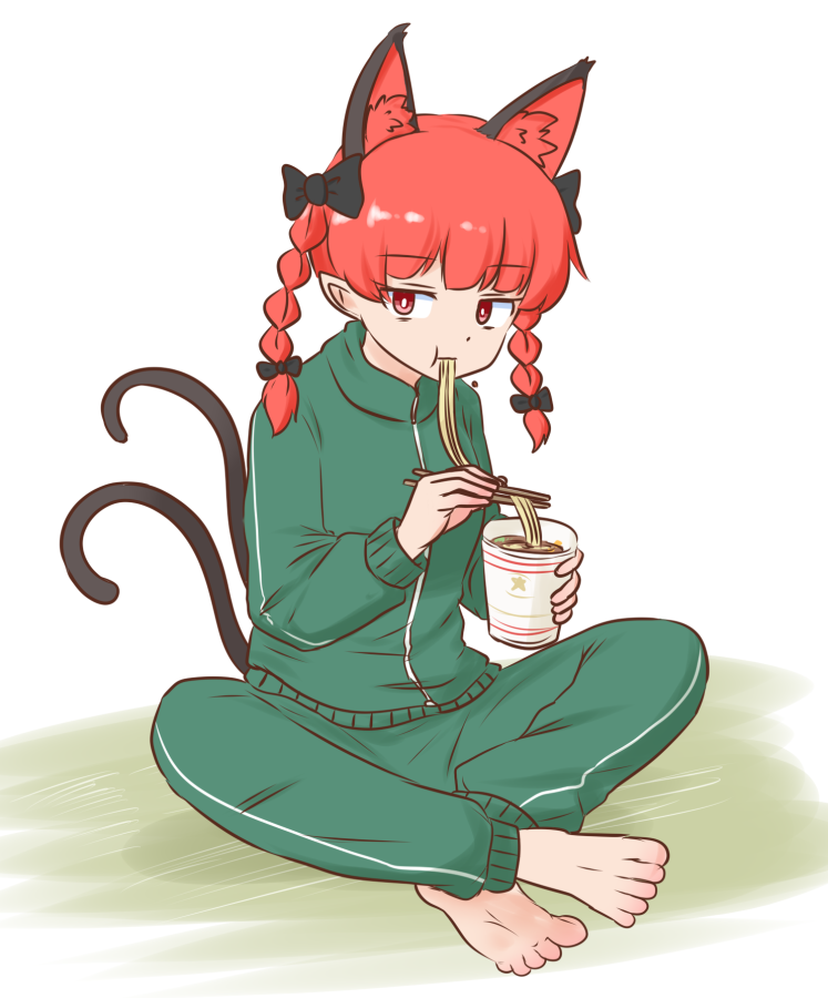 1girl alternate_costume animal_ears barefoot braid cat_ears cat_girl cat_tail commentary_request commission cup_ramen eating extra_ears full_body green_jacket green_pants gym_uniform indian_style jacket kaenbyou_rin mizusoba multiple_tails nekomata pants pointy_ears red_eyes side_braids sitting skeb_commission solo tail touhou twin_braids two_tails white_background