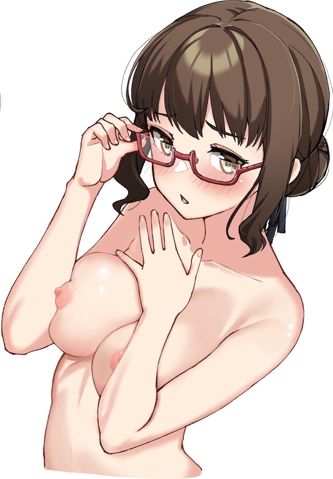 1girl adjusting_eyewear bare_arms blush breasts brown_eyes brown_hair cleavage collarbone commission completely_nude covering_breasts covering_privates cropped_torso eyelashes fingernails glasses hair_bun hands_up highres large_breasts looking_at_viewer medium_hair minamoto_chiaki nipple_slip nipples noble_works nude open_mouth red-framed_eyewear semi-rimless_eyewear shiny_skin shy simple_background single_hair_bun solo textless_version tft_(tft7822) upper_body white_background