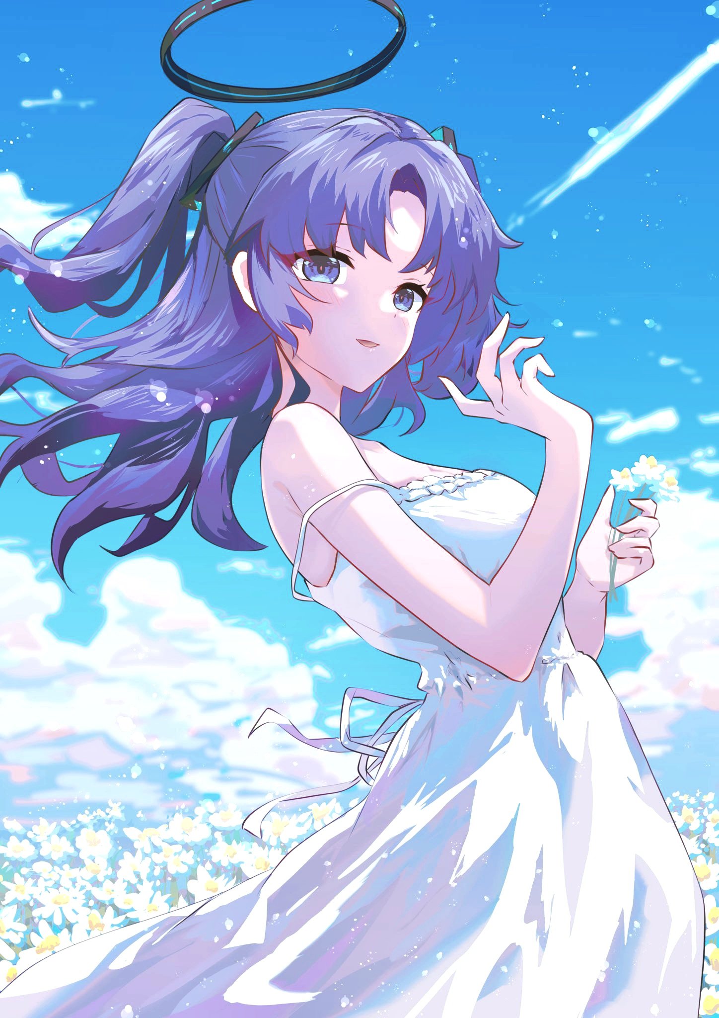 1girl bare_arms bare_shoulders blue_archive blue_sky breasts cloud commentary cowboy_shot day dress field floating_hair flower flower_field from_side hair_ornament halo hands_up highres holding holding_flower houji_tea_latte light_blush light_particles long_hair looking_at_viewer looking_to_the_side medium_breasts outdoors parted_lips purple_eyes purple_hair sky sleeveless sleeveless_dress smile solo spaghetti_strap standing strap_slip sundress two_side_up white_dress white_flower yuuka_(blue_archive)