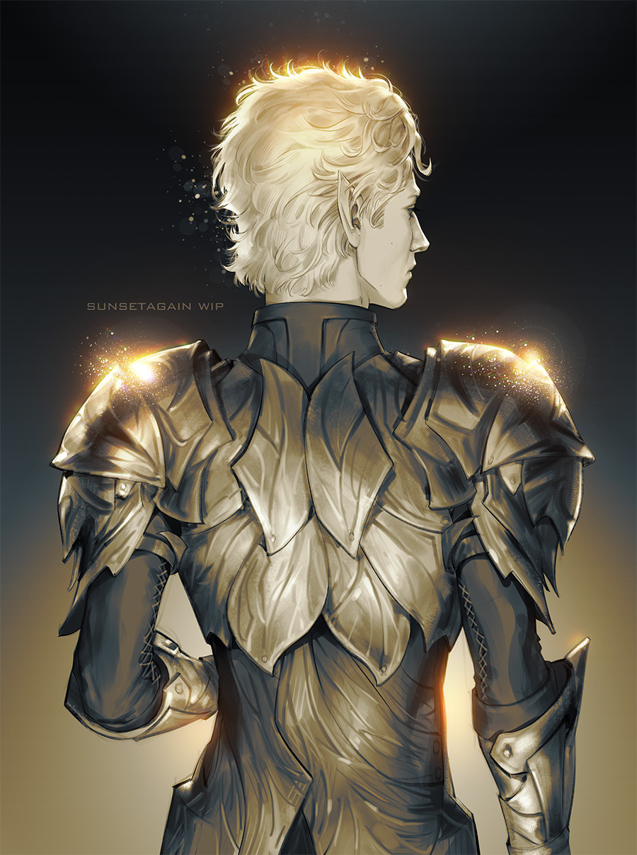 1boy armor astarion baldur's_gate baldur's_gate_3 black_background blonde_hair breastplate brown_background dungeons_&amp;_dragons from_behind gradient_background highres male_focus pale_skin pointy_ears shiny_clothes short_hair shoulder_plates solo sunsetagain