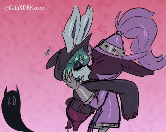 &lt;3 abstract_background ambiguous_gender anthro armor arms_over_shoulders black_body black_fur blue_hair cataxdrk2020 clothing duo ears_back eyes_closed female_(lore) fur gauntlets gloves hair handwear hat headgear headwear holding_face hoodie kissing lagomorph league_of_legends leporid long_sleeves makeup making_out male_(lore) mammal mascara pivoted_ears purple_robes rabbit riot_games shadow_(lol) text topwear veigar vex_(lol) wizard_hat wizard_robes yordle