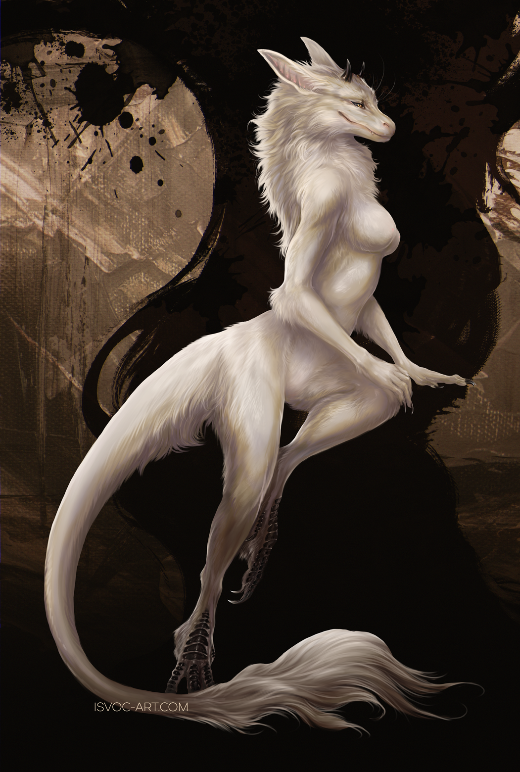 2022 anthro breasts digital_media_(artwork) dragon feet female fingers fur furred_dragon hi_res horn isvoc non-mammal_breasts smile solo toes white_body white_fur wingless_dragon yellow_eyes