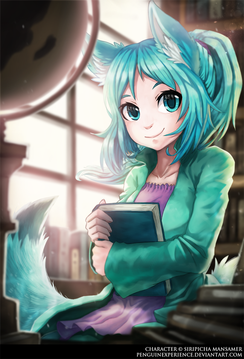 animal_humanoid anthro blue_ears blue_eyes blue_hair blue_tail book canid canid_humanoid canine canine_humanoid closed_smile clothed clothing dipstick_tail female fox_humanoid hair hi_res holding_book holding_object humanoid inner_ear_fluff inside mammal mammal_humanoid markings mouth_closed penguinexperience purple_clothing purple_topwear siripicha_mansamer smile solo tail tail_markings tan_body tan_skin teal_clothing teal_topwear topwear tuft white_inner_ear_fluff window