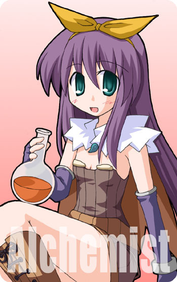 1girl 2000s_(style) :d alchemist_(ragnarok_online) aqua_eyes blue_gloves boots breasts brown_cape brown_dress brown_footwear cape character_name cleavage dress elbow_gloves fingerless_gloves flask gloves gradient_background hair_between_eyes hairband holding holding_flask kikkawa_(citrus_fruits) knee_boots long_hair magatama open_mouth potion purple_hair ragnarok_online round-bottom_flask short_dress sidelocks small_breasts smile solo strapless strapless_dress yellow_hairband