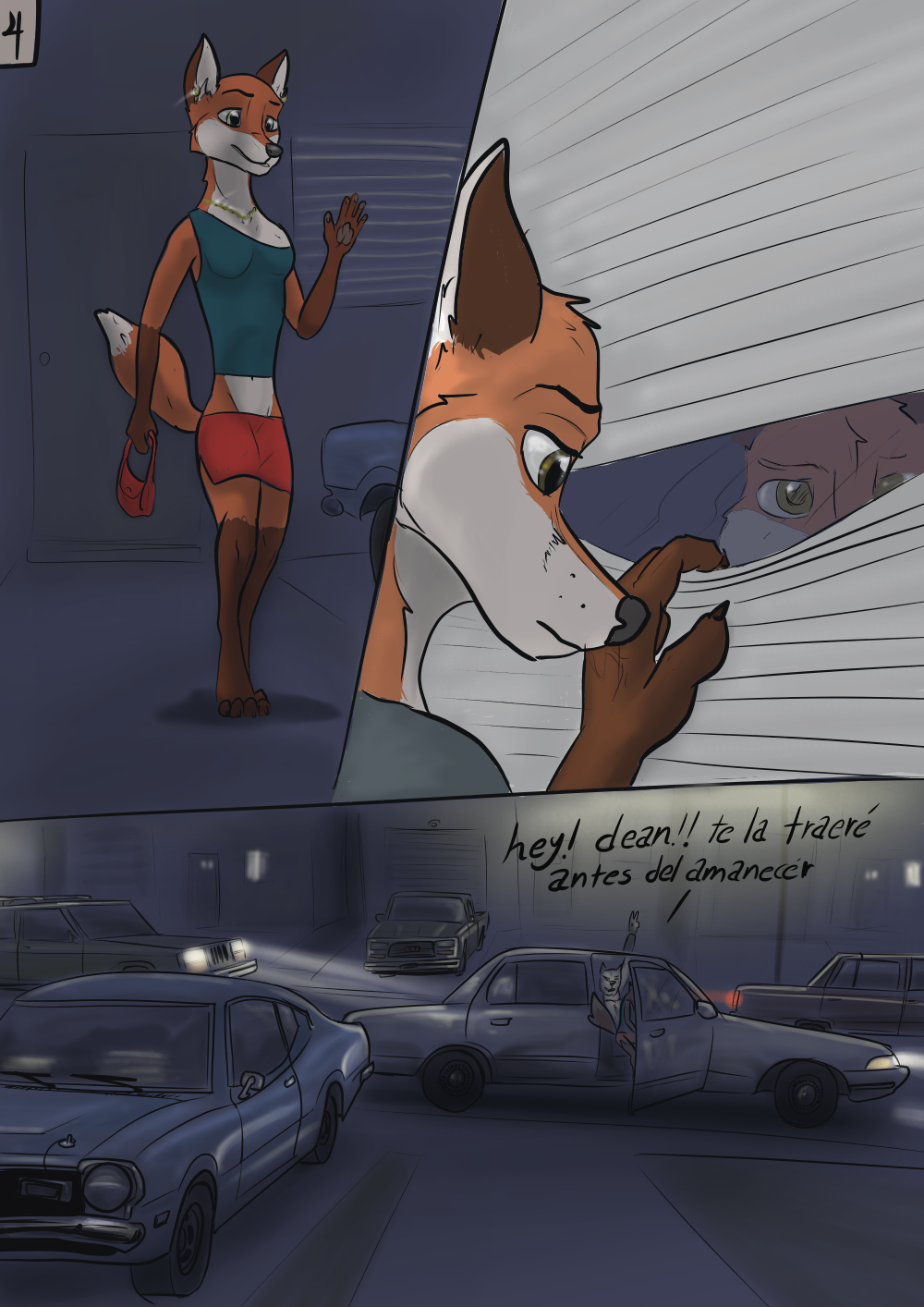 accessory anthro brown_eyes canid canine car duo female fox green_eyes hi_res husband_and_wife looking_at_viewer looking_back looking_back_at_viewer male male/female mammal married_couple night spanish_text street text vehicle wolfyalex96
