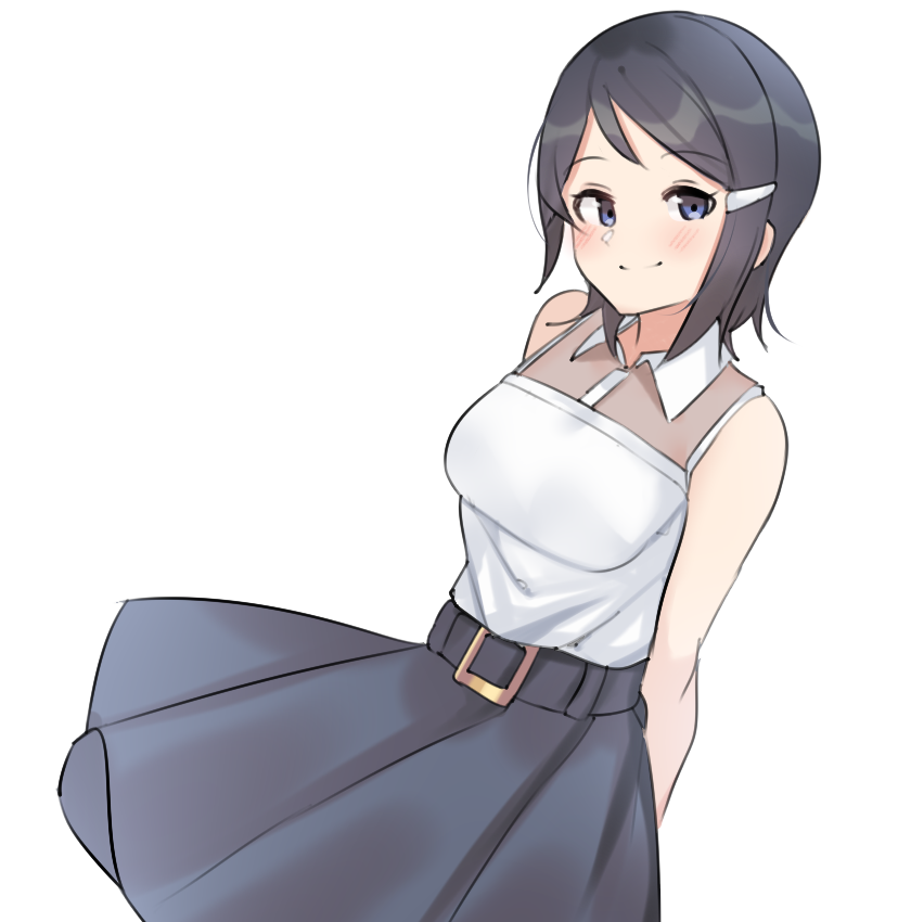 1girl aa211108 arms_behind_back bare_arms bare_shoulders belt_buckle black_hair black_skirt blue_eyes blush breasts buckle closed_mouth collar collared_shirt cowboy_shot dot_nose eyelashes hair_ornament hairpin idolmaster idolmaster_dearly_stars large_breasts light_smile looking_at_viewer medium_hair mizutani_eri parted_bangs shirt simple_background skirt sleeveless sleeveless_shirt solo straight_hair white_background white_collar wind wind_lift