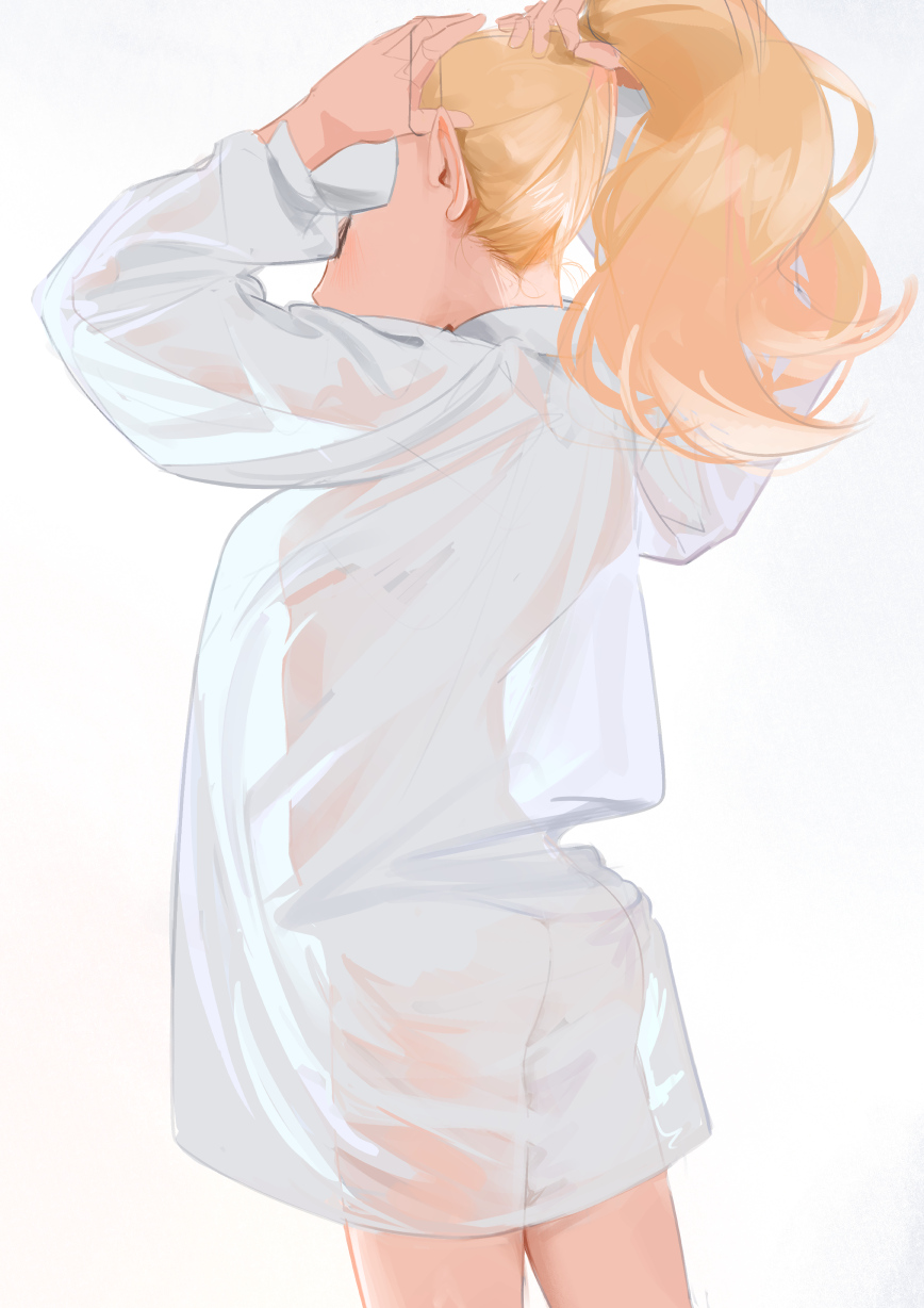 1girl adjusting_hair blonde_hair closed_eyes from_behind high_ponytail highres kn_rookie long_hair original pointy_ears ponytail see-through see-through_shirt shirt simple_background solo standing white_background white_shirt