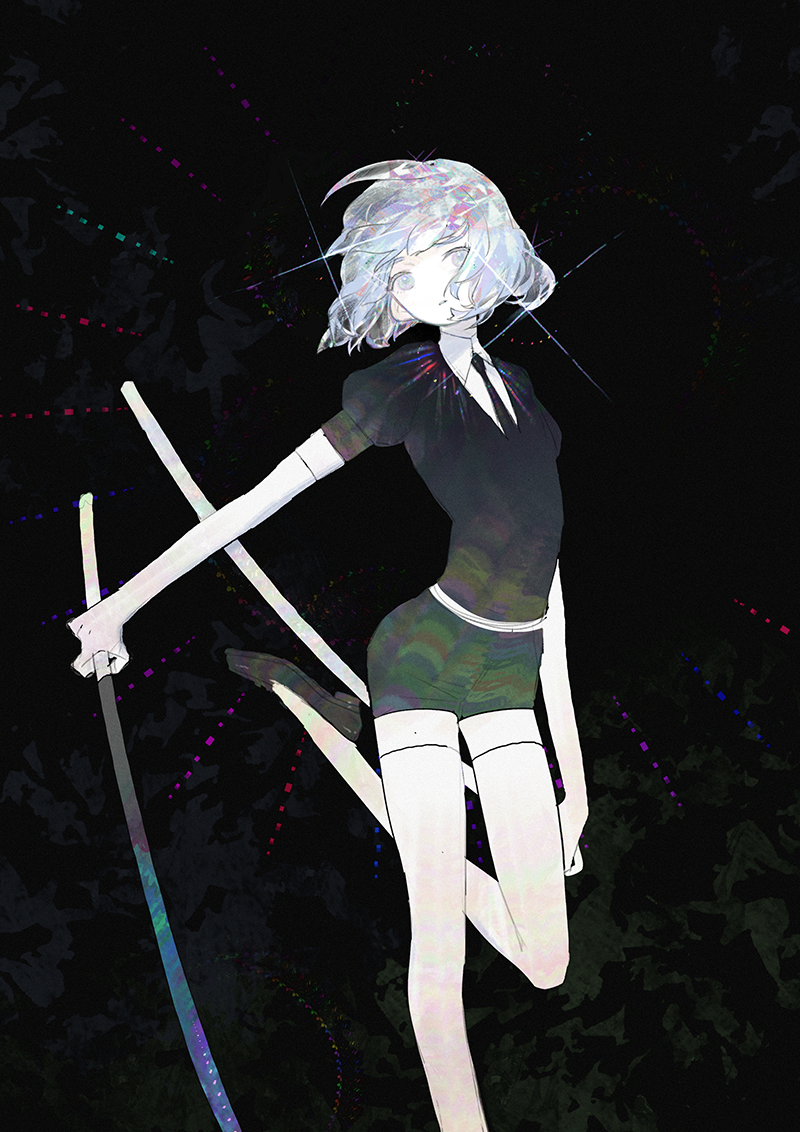 1other androgynous belt black_background black_footwear black_necktie bob_cut commentary crystal_hair diamond_(houseki_no_kuni) foot_out_of_frame foot_up gem_uniform_(houseki_no_kuni) glint grey_eyes grey_hair head_tilt holding holding_sheath holding_sword holding_weapon houseki_no_kuni krusier looking_at_viewer necktie other_focus puffy_short_sleeves puffy_sleeves sheath shoes short_hair short_sleeves solo standing standing_on_one_leg sword thighhighs unsheathed weapon white_thighhighs