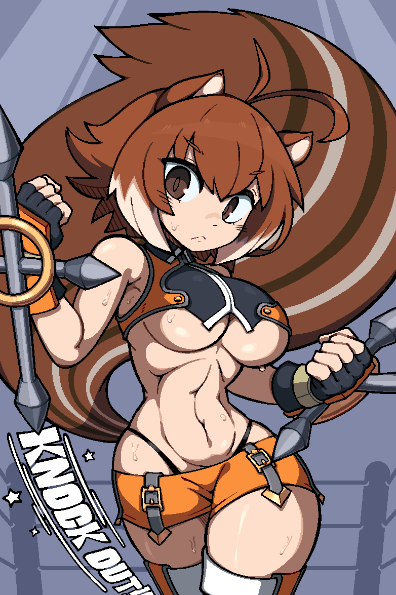 1girl :&lt; animal_ears antenna_hair average-hanzo bare_shoulders blazblue breasts brown_eyes brown_hair clenched_hands closed_mouth commentary cowboy_shot crop_top english_text fingerless_gloves gloves groin hair_between_eyes highleg highleg_panties holding holding_weapon large_breasts looking_at_viewer makoto_nanaya microskirt multicolored_hair navel orange_shirt orange_skirt panties revealing_clothes shirt short_hair sidelocks skindentation skirt sleeveless sleeveless_shirt solo squirrel_ears squirrel_girl squirrel_tail standing stomach sweat tail thighhighs tonfa two-tone_hair underboob underwear weapon wrestling_ring