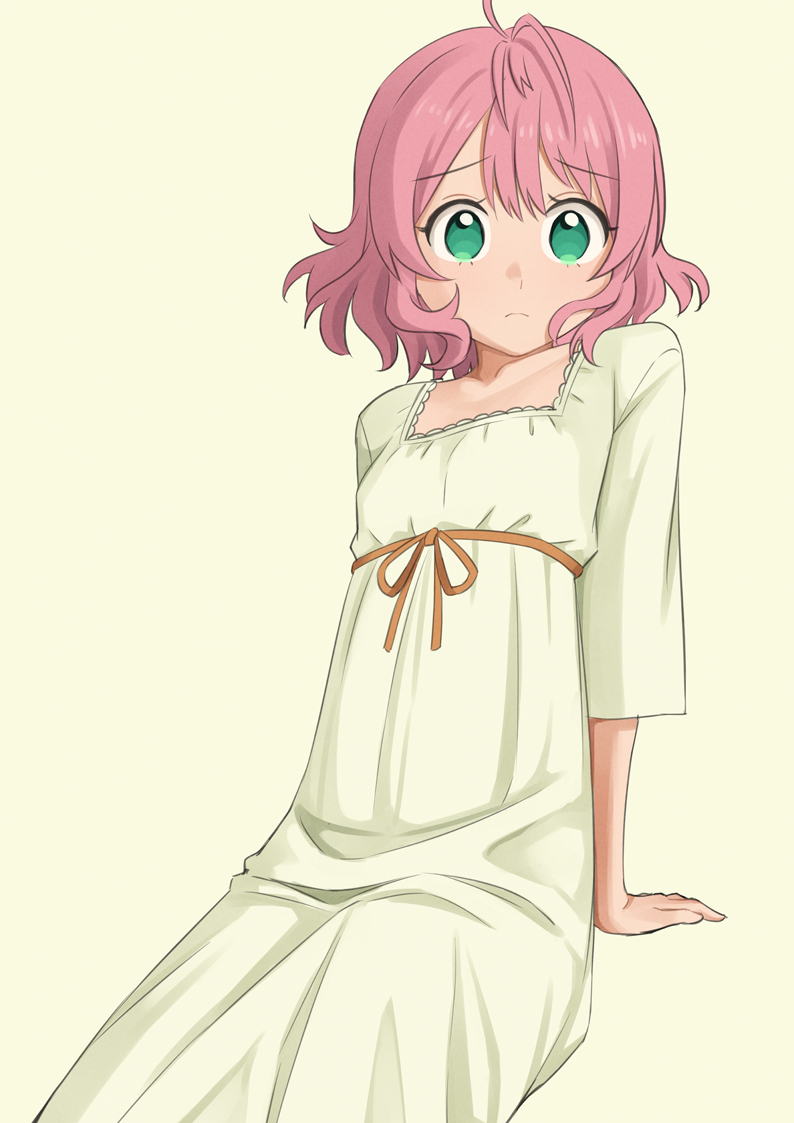 1girl ahoge akuyaku_reijou_level_99:_watashi_wa_ura-boss_desu_ga_maou_dewa_arimasen alicia_ehnleit arm_support breasts easy_(aqk7bdqt) feet_out_of_frame green_eyes light_frown pajamas pink_hair short_hair simple_background sitting small_breasts solo white_pajamas