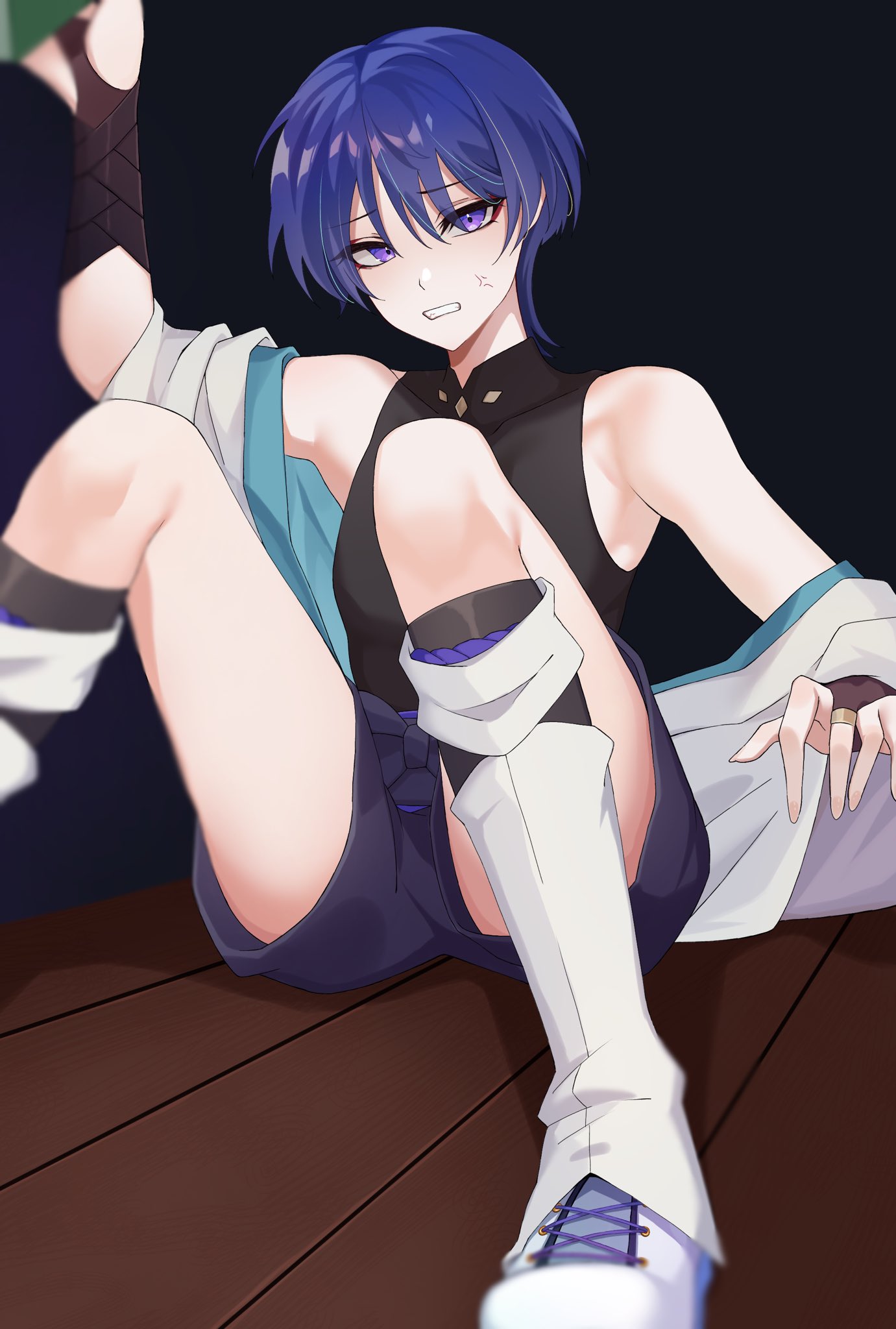 1boy anger_vein arm_up bare_shoulders bishounen black_hair black_shirt blue_hair blurry_edges bridal_gauntlets chobonu clenched_teeth embarrassed eyelashes genshin_impact hair_between_eyes highres indoors japanese_clothes knees_up looking_at_viewer male_focus off_shoulder purple_eyes purple_shorts scaramouche_(genshin_impact) shirt shorts sidelocks sleeveless sleeveless_shirt solo teeth wanderer_(genshin_impact) white_footwear wooden_floor